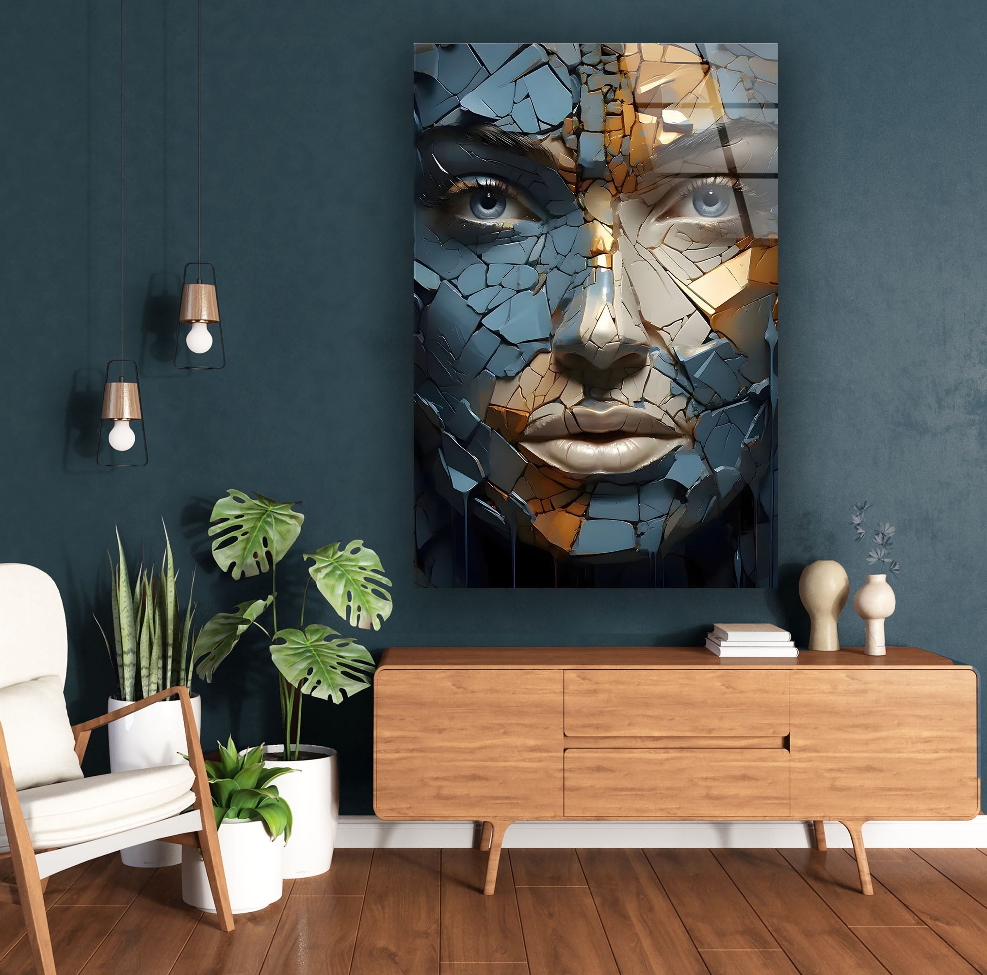 Blue Cracked Design Woman Glass Wall Art - Elegant Home Decor for Living Room, Bedroom & Office - Perfect Gift Idea