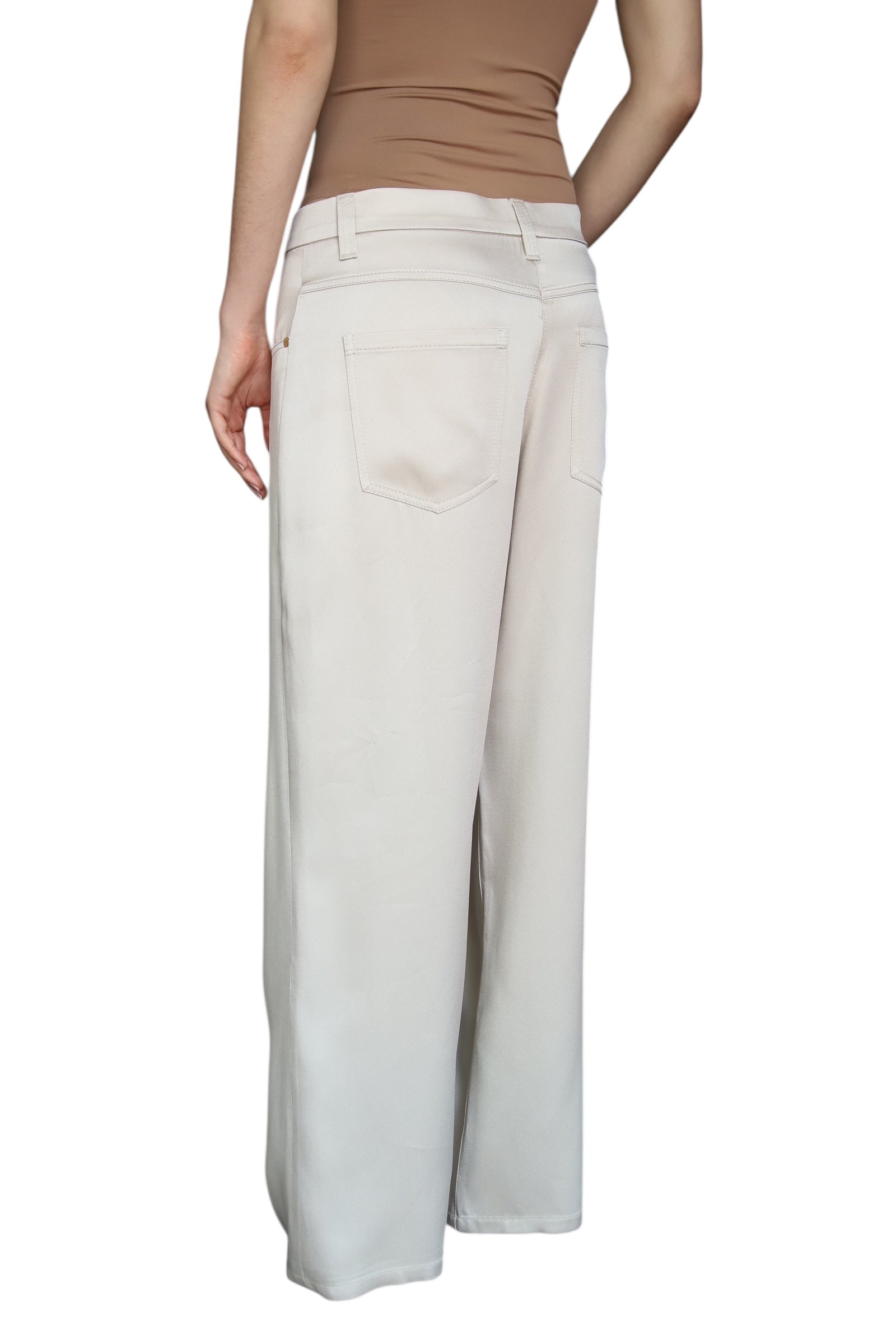 Brunello Cucinelli Women's Ecru Satin Wide Leg Pants - Italian Size 42 / US 6 - Elegant High Waist Palazzo Trousers for Office, Evening & Special Occasions
