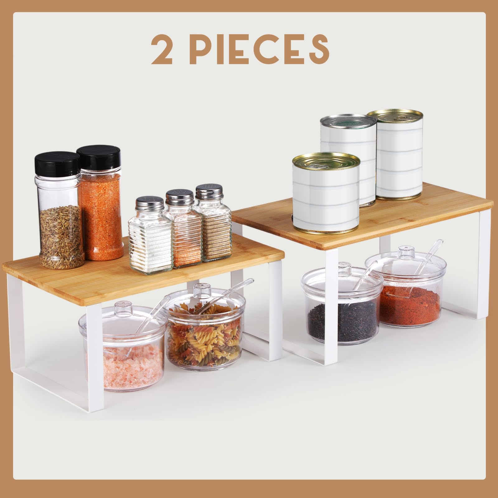 2-Pack Bamboo Stackable Cabinet Organizer Shelves - Kitchen Counter Shelf Riser for Spice Jars, Coffee Mugs & Pantry Storage - Space Saving Cabinet Organizer for Kitchen, Bathroom & Office