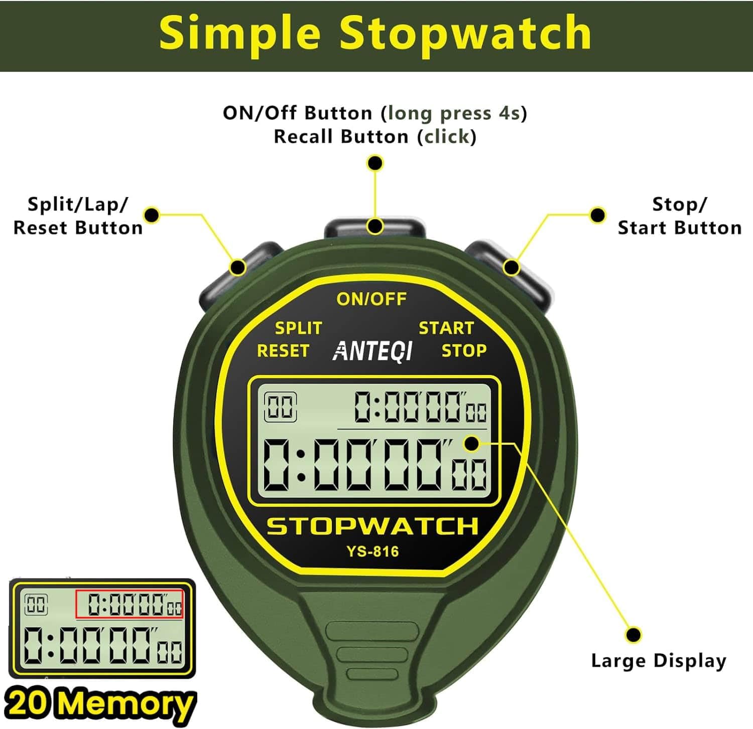 ANTEQI Waterproof Digital Stopwatch - 20-Lap Memory, ON/OFF Function, No Clock/Calendar/Alarm - Silent Sports Timer for Coaches, Swimming, Running, Track & Field Training