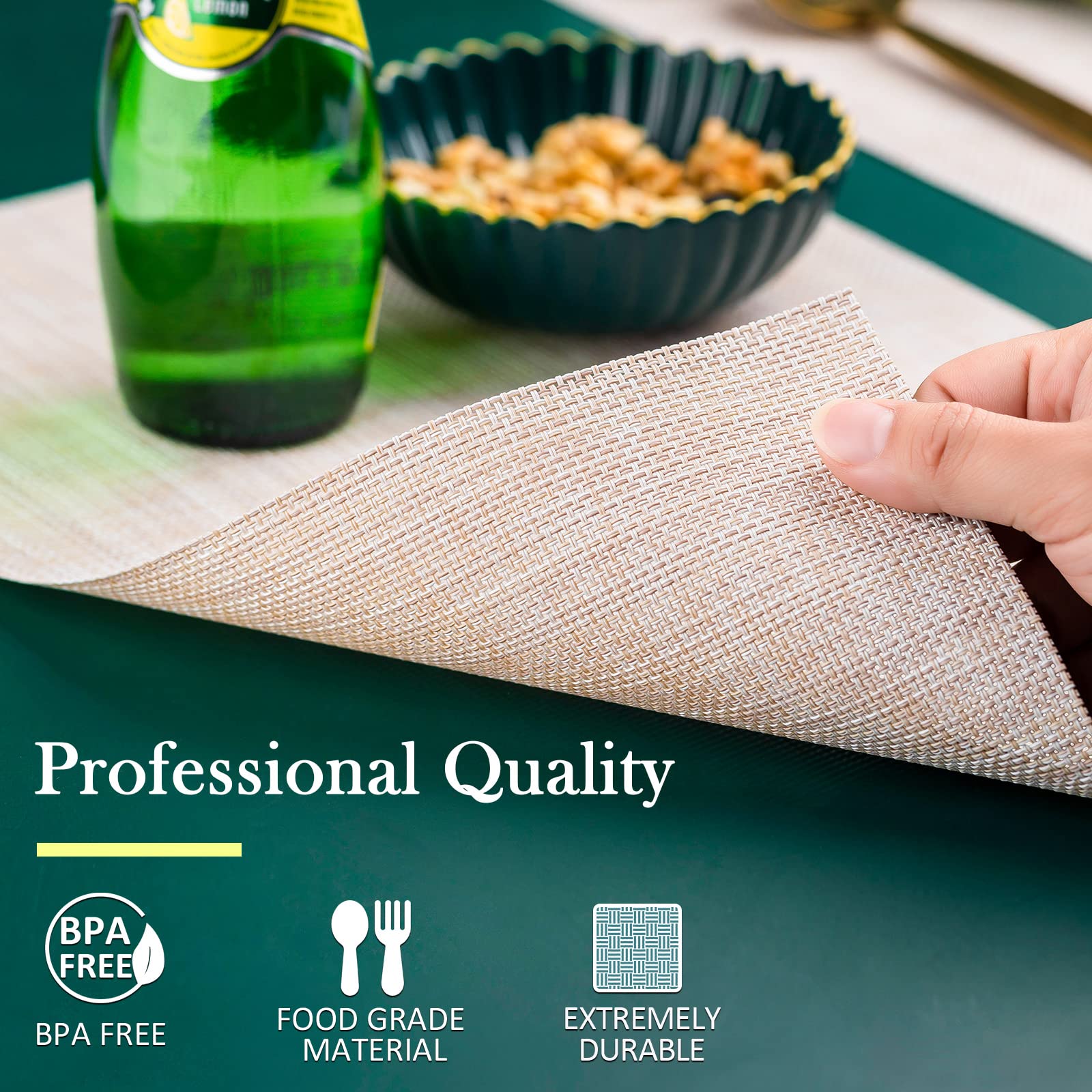 6-Pack Washable Vinyl Placemats for Dining Table - Indoor/Outdoor PVC Woven Table Mats (Beige) | Perfect for Everyday Meals, BBQs, and Outdoor Dining