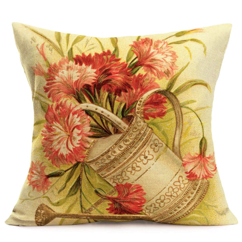 Xihomeli 18x18 Inch Floral Printed Cotton Linen Pillow Covers Set of 4 - Antique Chic Flower & Vase Design Throw Pillow Cases for Sofa, Couch, Bedroom Decor (Beige, 4-Pack) | Perfect for Living Room, Bedroom & Home Styling