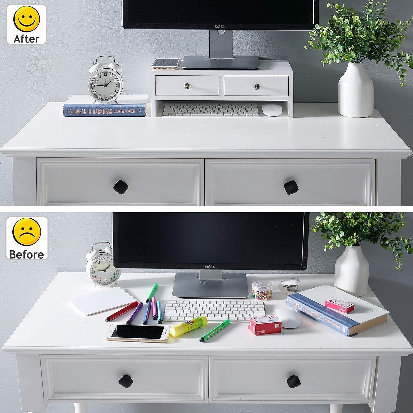 WELLAND Monitor Stand Riser with Storage Drawers - Adjustable Computer Monitor Stand & Desktop Organizer for Laptop, PC, Office - Perfect for Home Office & Workspace Organization (White)