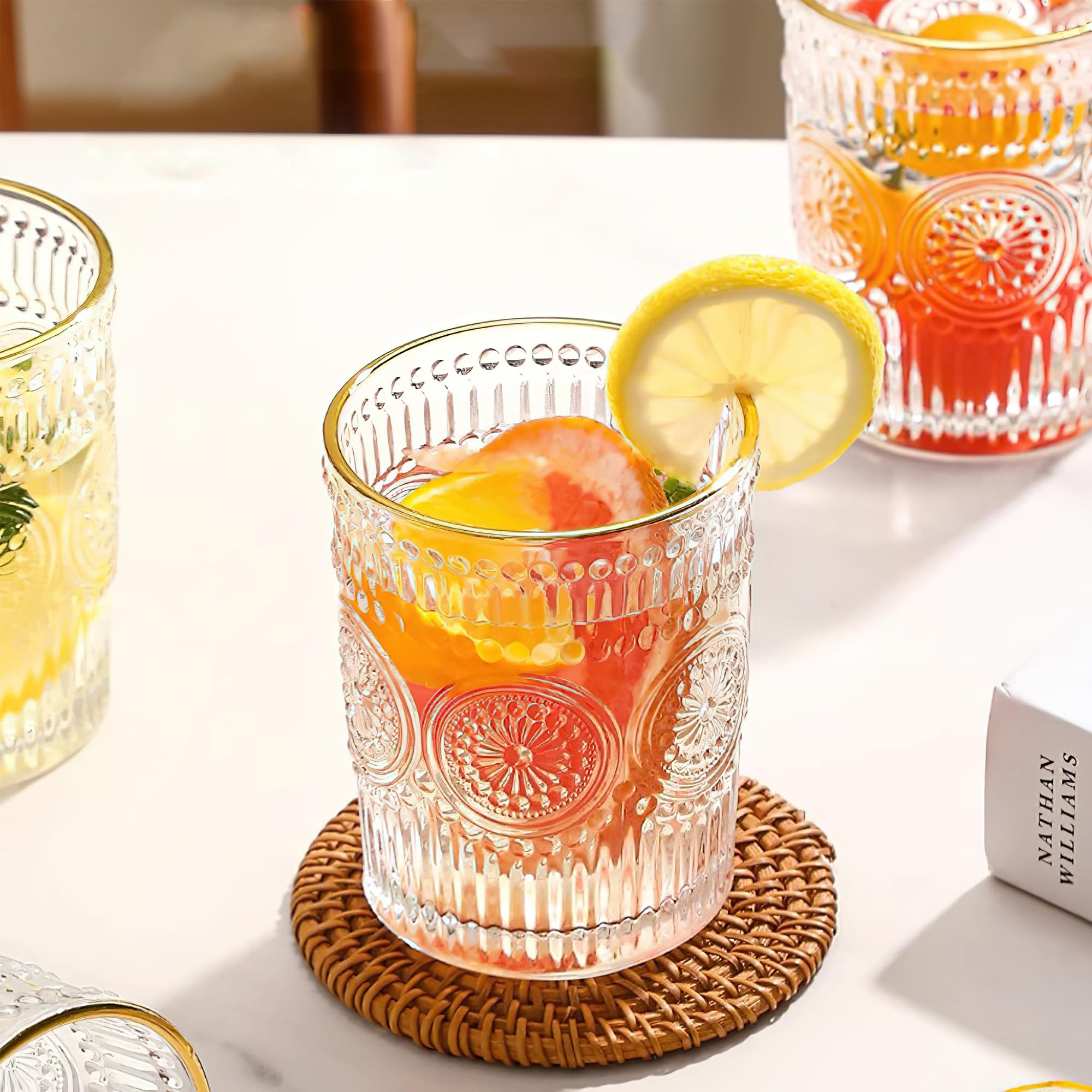 Vintage Drinking Glasses Set of 6 - 10 oz Gold Rim Retro Flower Water Glasses for Coffee, Juice, Whisky, Beer & Cocktail | Elegant Glassware Cups & Small Cute Tumblers | Perfect for Home Bar, Dinner Parties & Vintage-Themed Events
