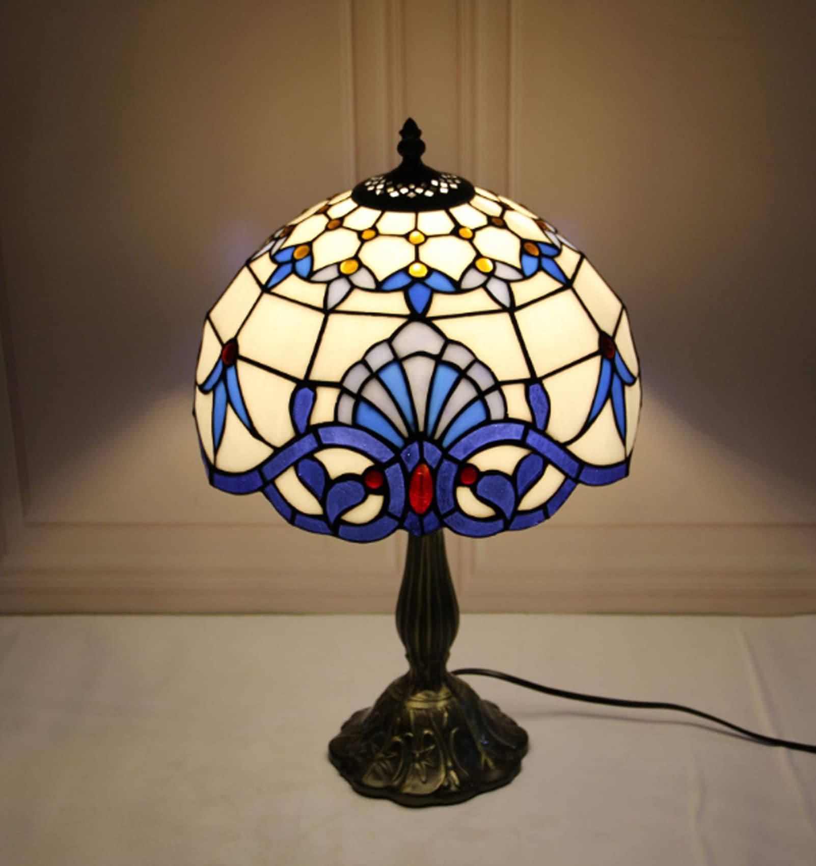 12 Inch Tiffany Style Table Lamp - Blue Baroque Stained Glass Lavender Shade Antique Desk Reading Light for Living Room, Bedroom, Bar & Office - Perfect for Home Decor, Romantic Ambiance & Study Lighting