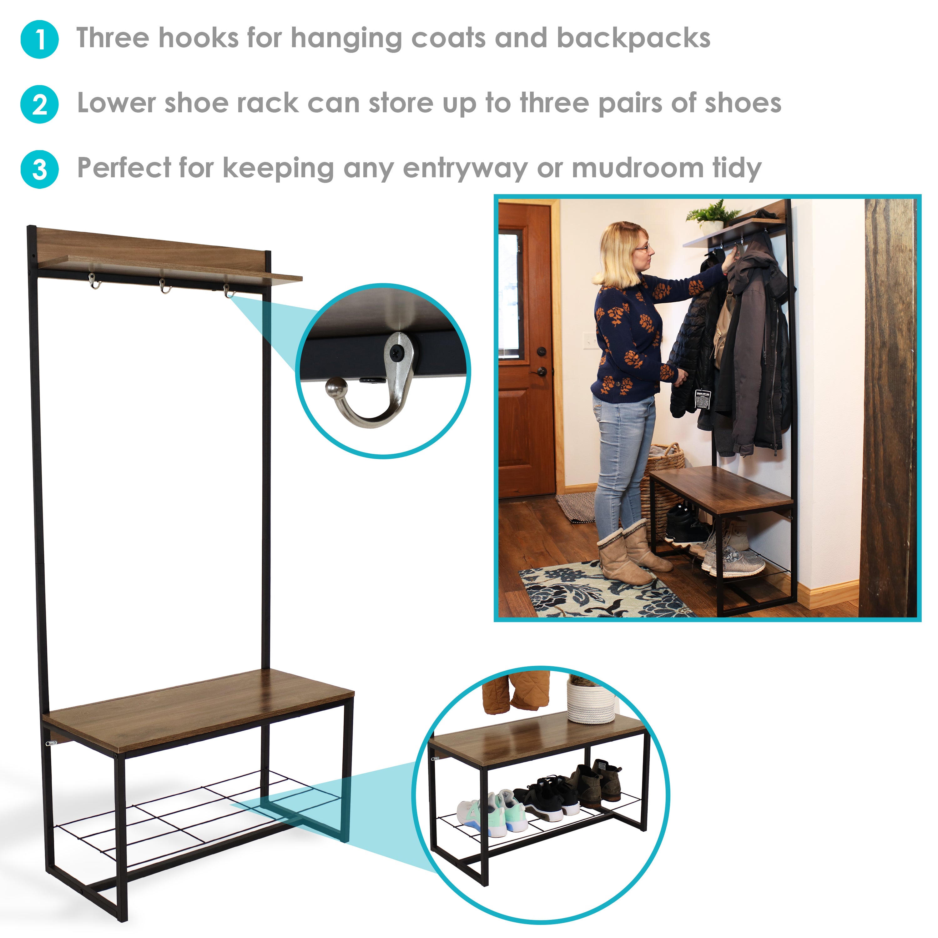 Sunnydaze Industrial Entryway Storage Bench with Coat & Shoe Rack - 67