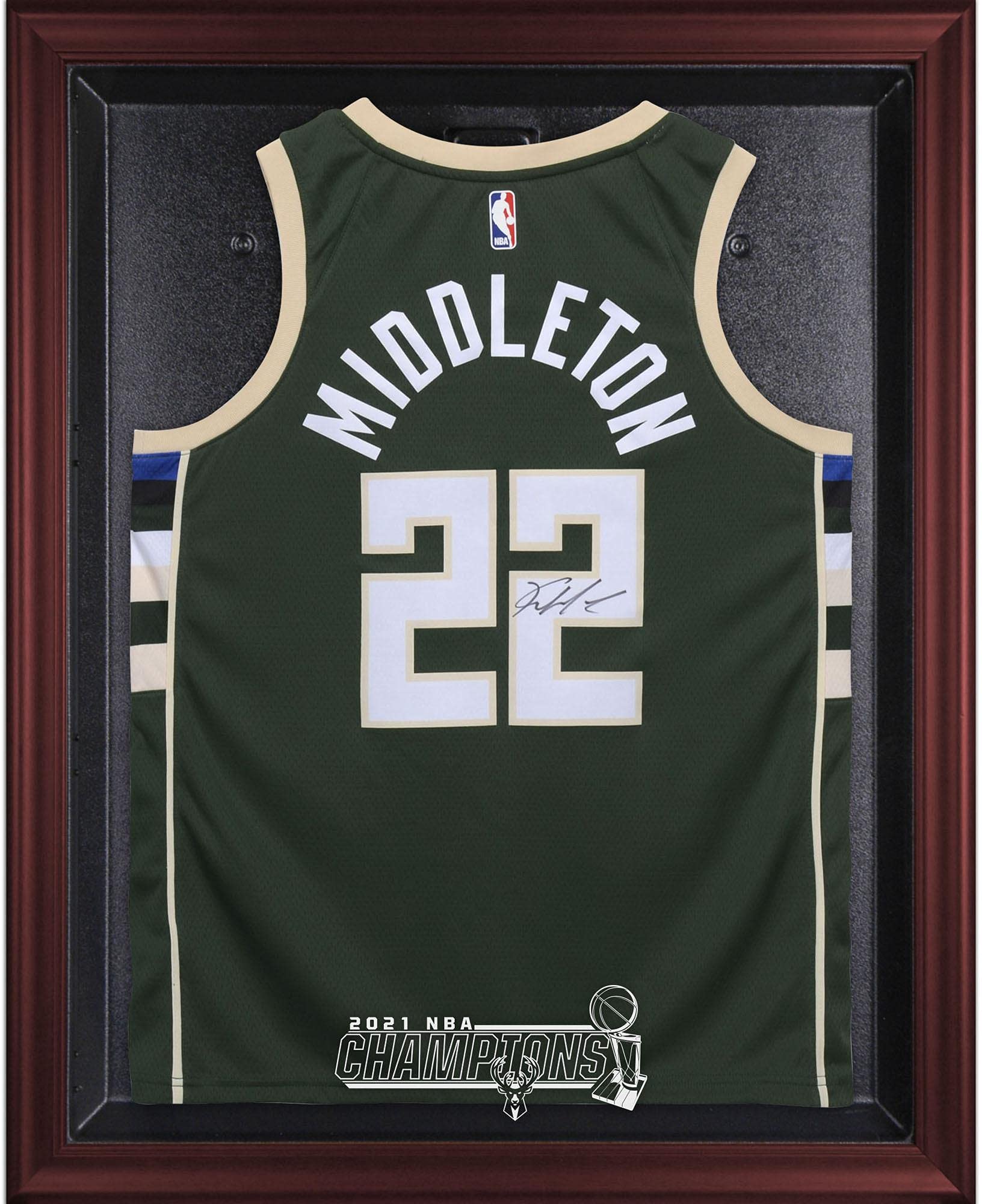 Milwaukee Bucks 2021 NBA Champions Jersey Display Case - Mahogany Wood Framed Basketball Memorabilia Showcase for Home & Office Decor