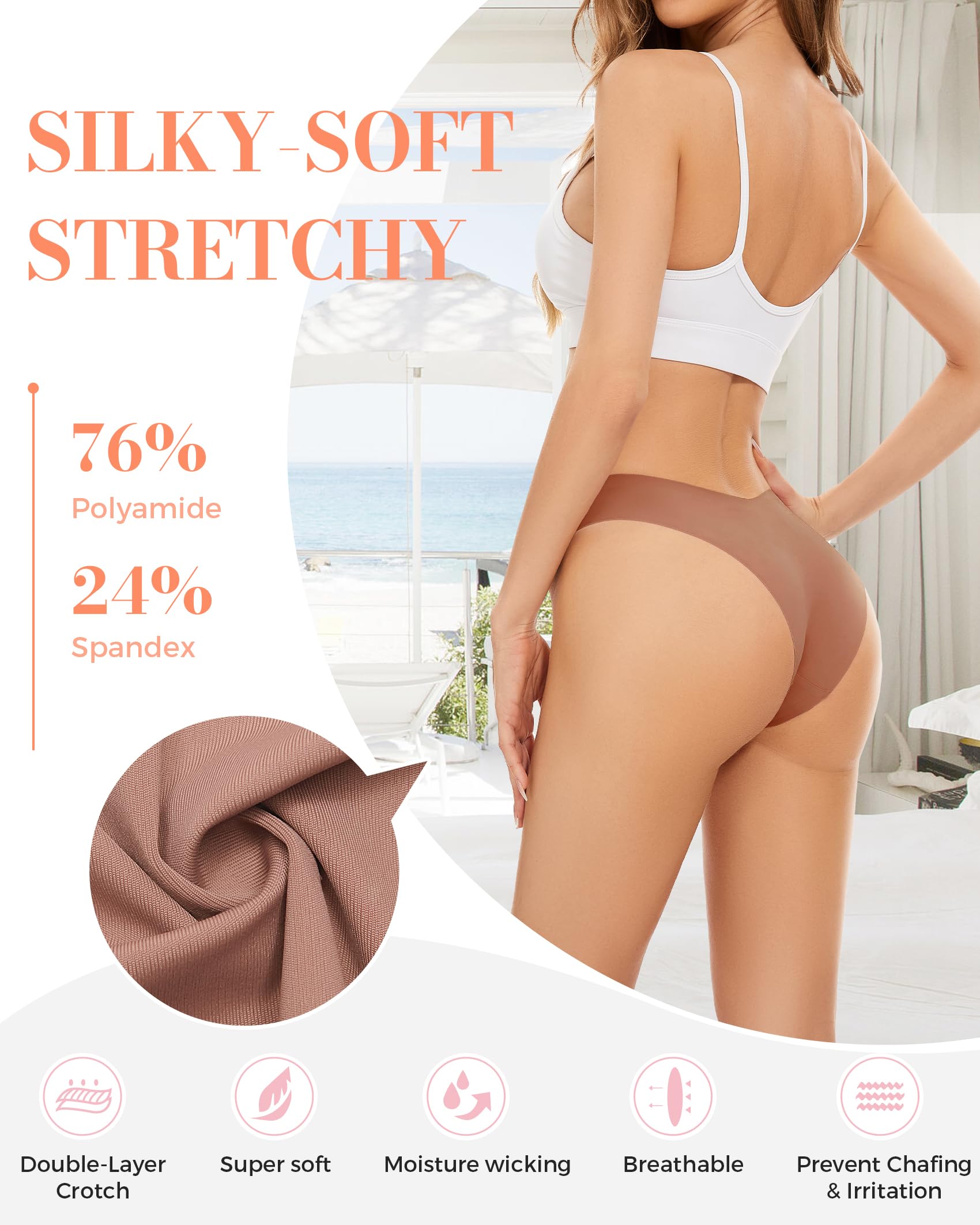 Seamless Cheeky Underwear for Women - Breathable Stretch V-Waist No Show Bikini Panties (6 Pack, S-XL) | Invisible Hipster Underwear for Everyday Comfort & Workout