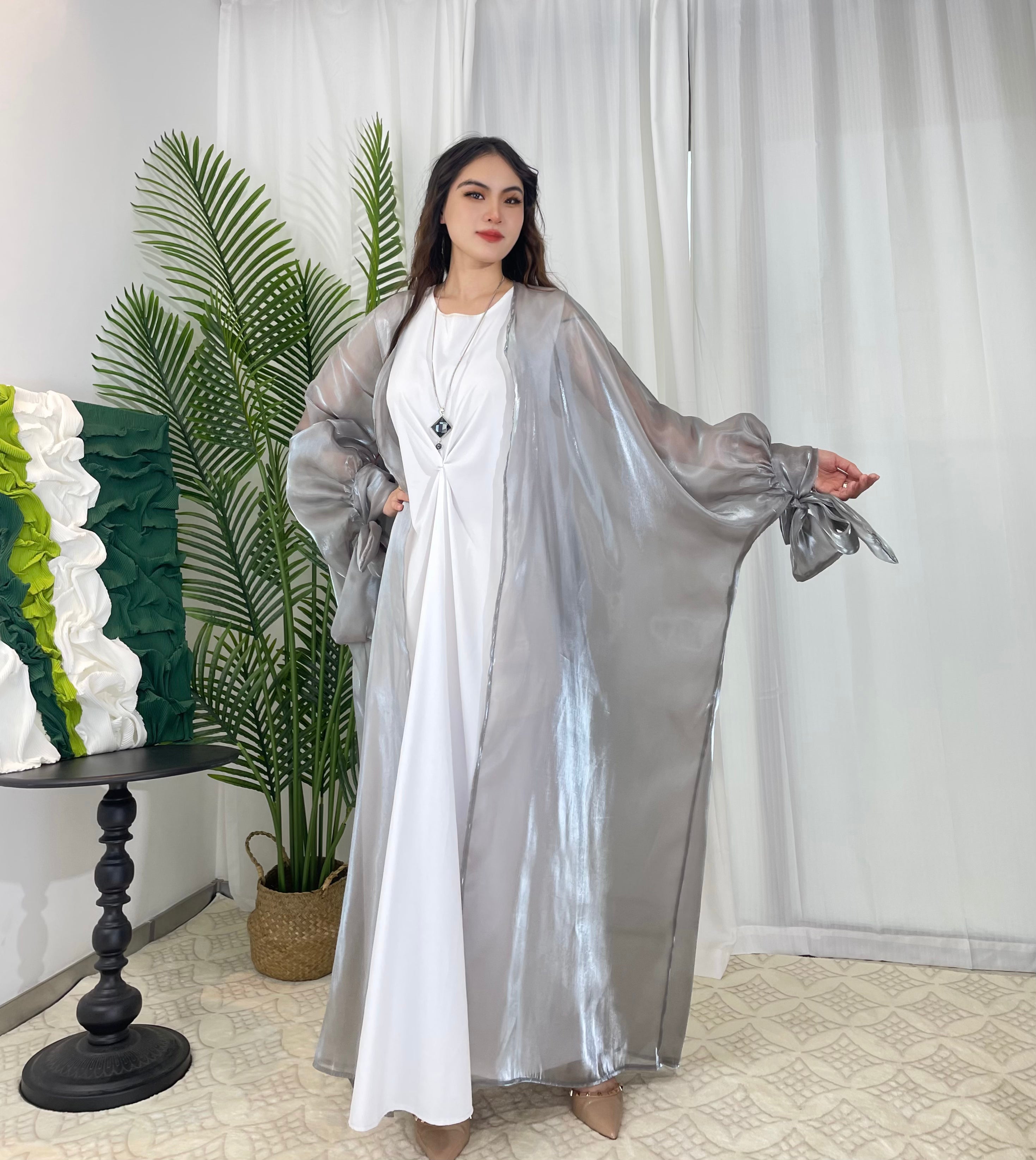 Luxury Open Front Abaya Dress for Women - Elegant Organza Fabric with Silk-Like Sheen - Plus Size Options Available - Perfect for Special Occasions, Weddings & Evening Events