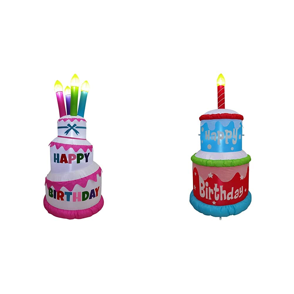 Fraser Hill Farm 6-Ft Tall Happy Birthday Cake Decor with 4 Faux Candles - White & Pink | 6-Ft Tall 2-Tier Birthday Cake with 1 Faux Candle - Red, White & Blue | Perfect for Birthday Parties, Anniversaries & Special Events