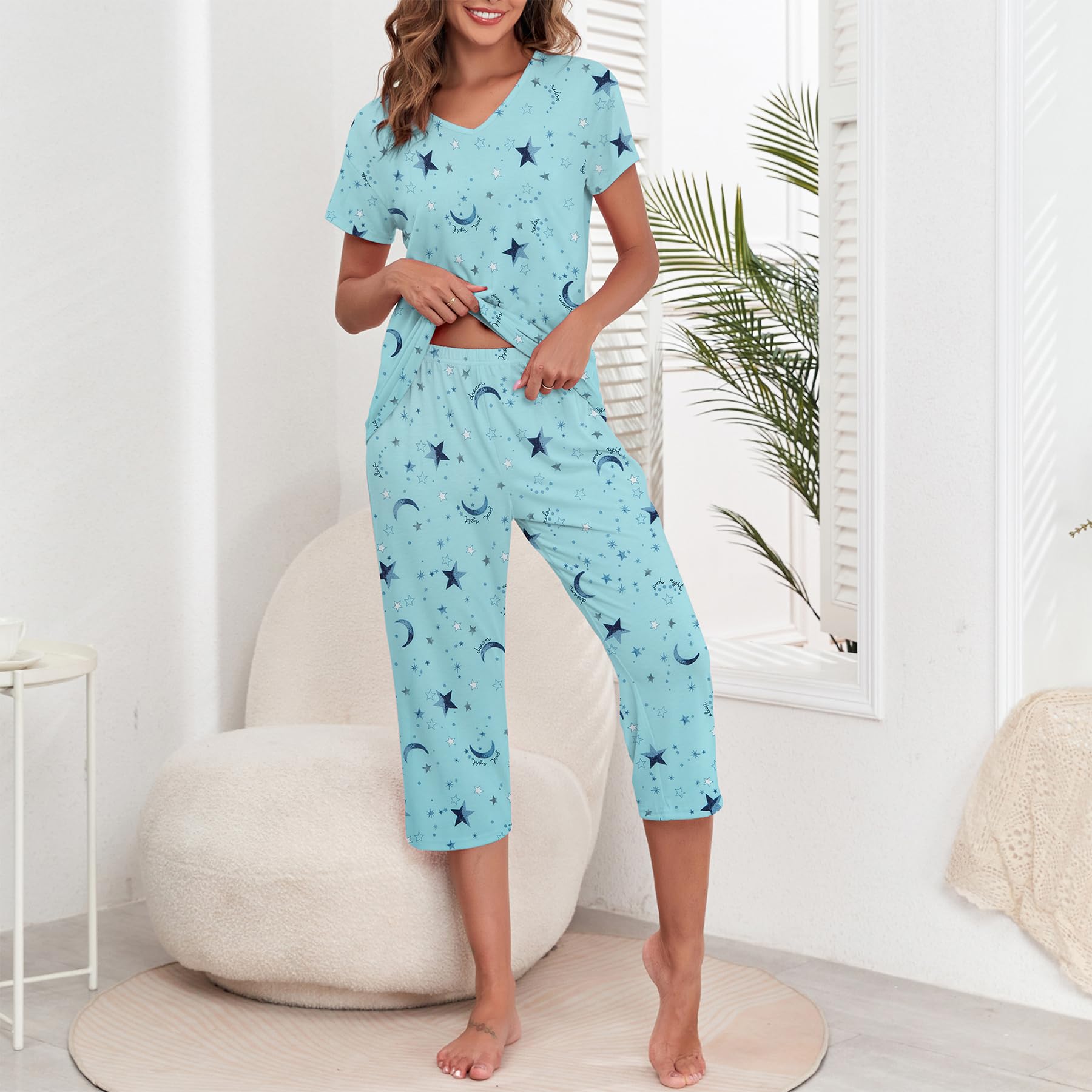 Zando Women's 2-Piece Pajama Set - Cartoon Print Lounge & Sleepwear with Pants & Capri - Soft Matching PJS for Comfortable Nights & Relaxing at Home