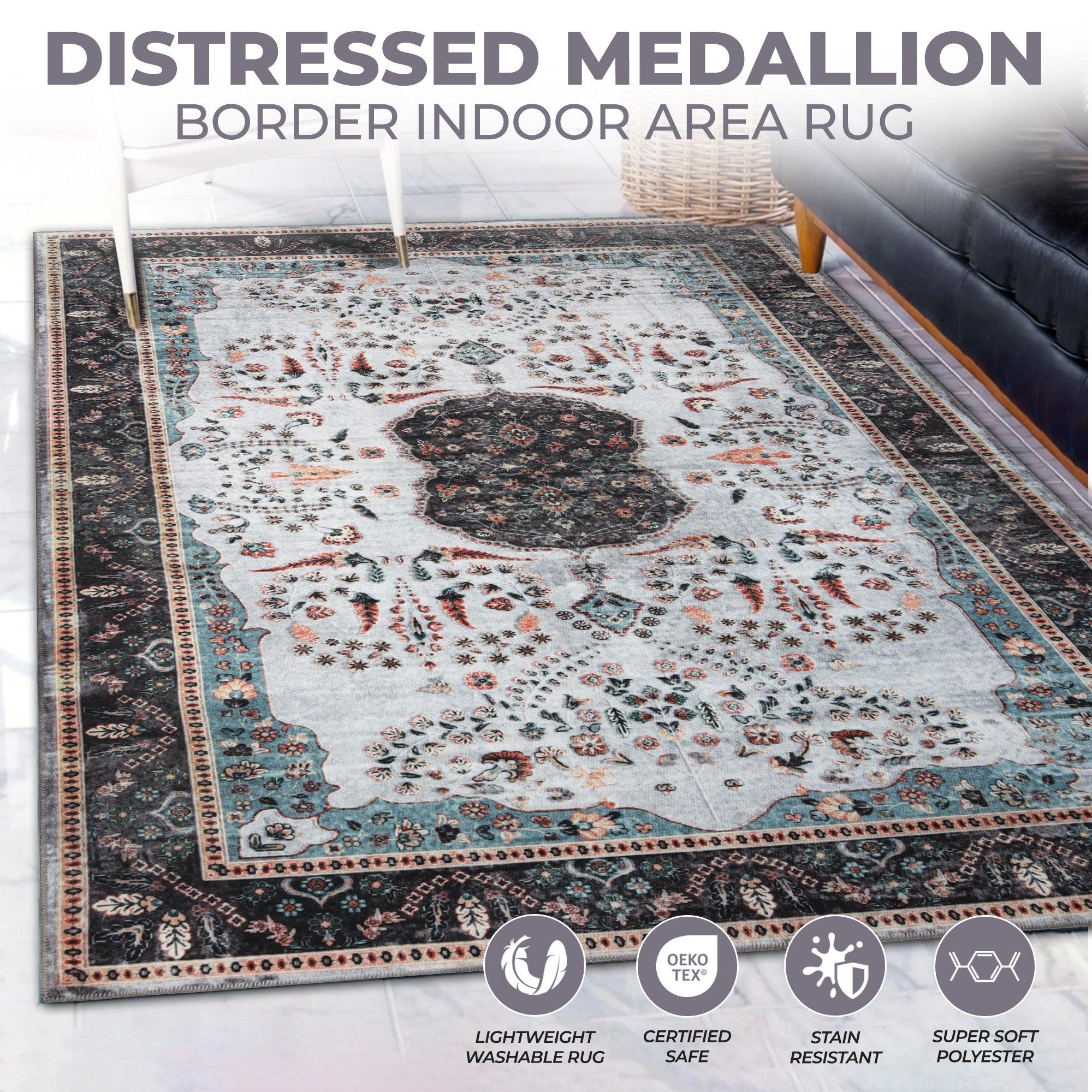 Machine Washable Sparrow Medallion Indoor Area Rug - Non-Slip Soft Living Room Carpet Runner for Bedroom, Hallway & Entryway Decor