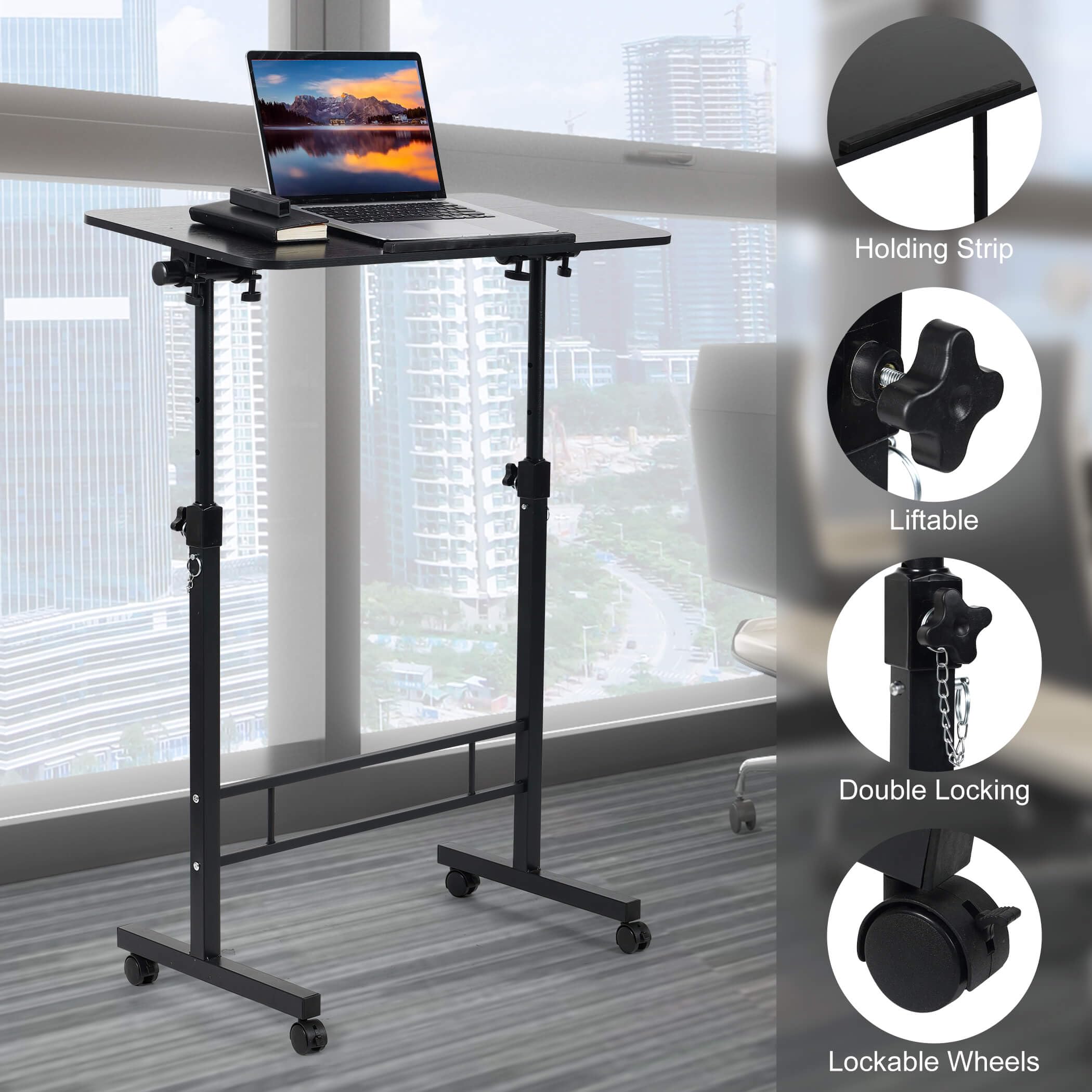 Adjustable Height Small Standing Desk with Wheels - 31.5x15.7 Inch Mobile Computer Desk for Home & Office - Portable Rolling Stand Up Desk in Black - Perfect for Workspaces, Dorm Rooms & Small Offices