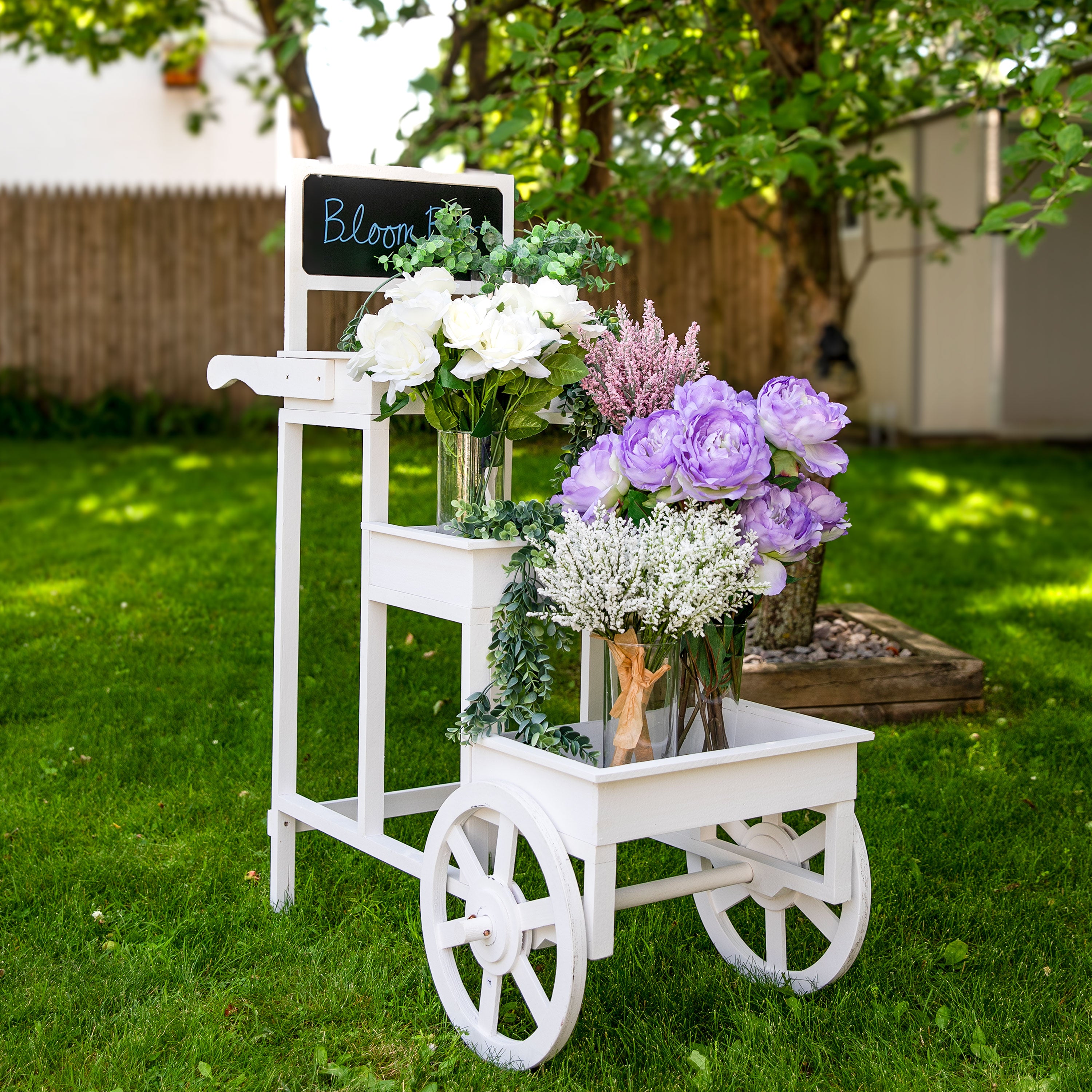 3-Tier Rolling Flower Cart Stand with Wheels - White Metal Garden Plant Display Rack for Indoor & Outdoor Decor, Patio, Balcony, and Backyard