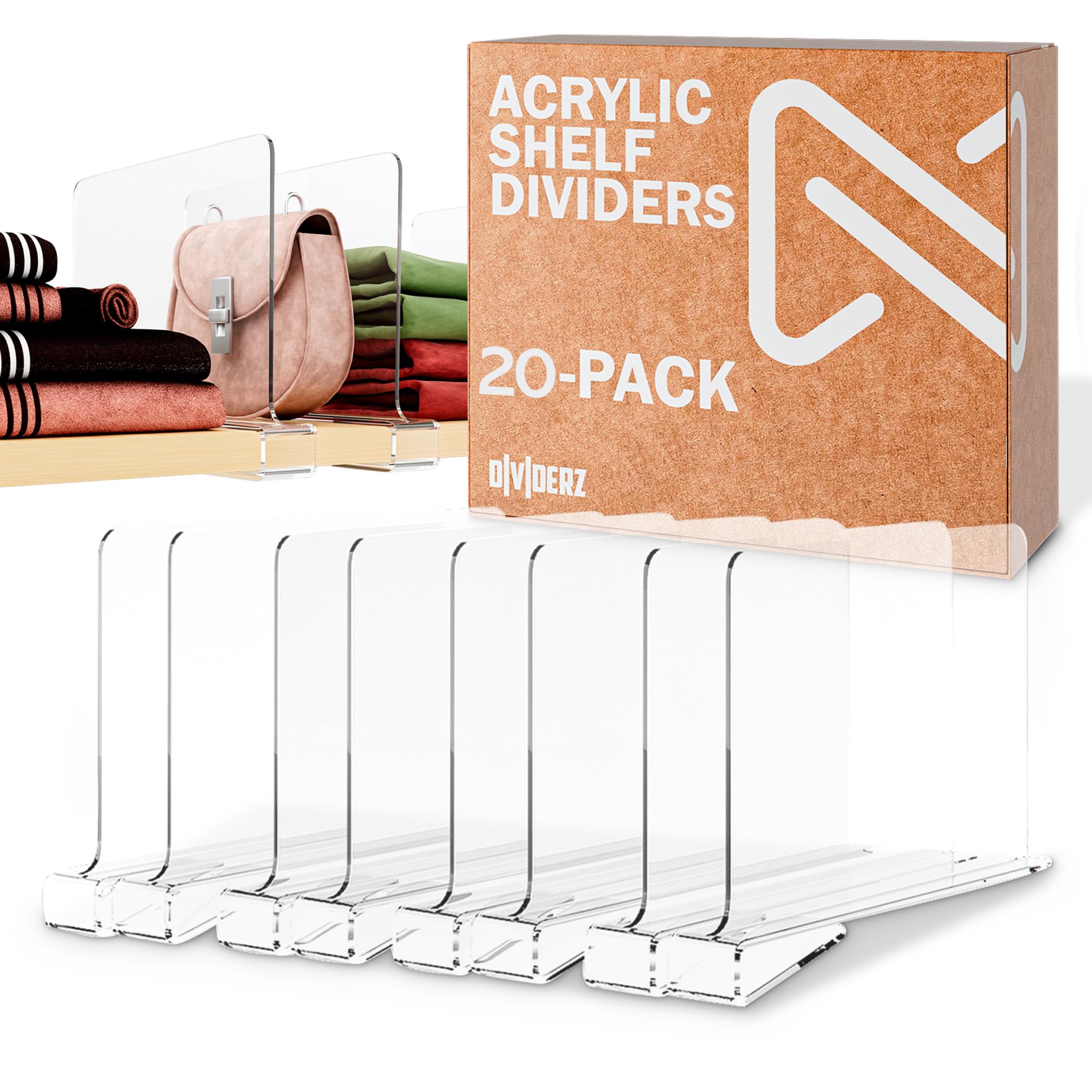 Clear Acrylic Shelf Dividers for Closets - 20-Pack Wooden & Linen Closet Organizers - Sturdy, Easy Install Shelf Dividers for Pantry, Bathroom & Bedroom Storage Organization
