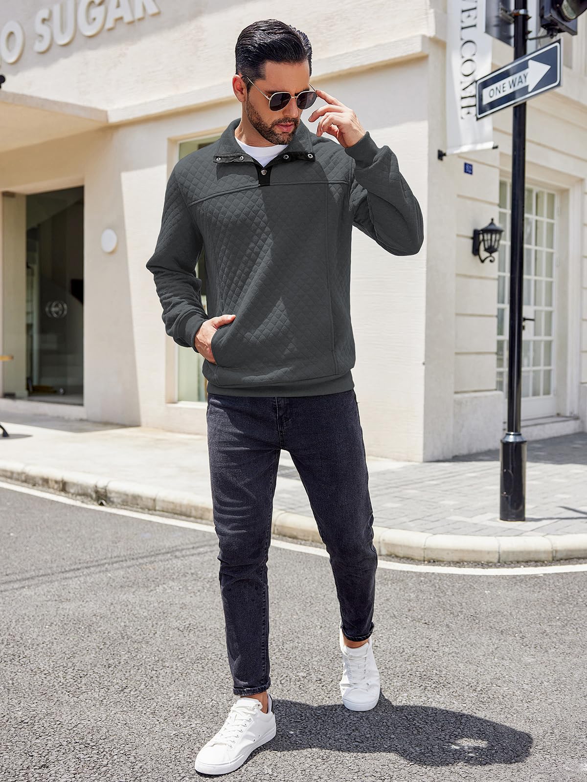 COOFANDY Men's Quarter Zip Sweatshirt - Long Sleeve Waffle Knit Pullover with Stand Collar for Casual & Outdoor Wear - Perfect for Hiking, Camping and Everyday Comfort
