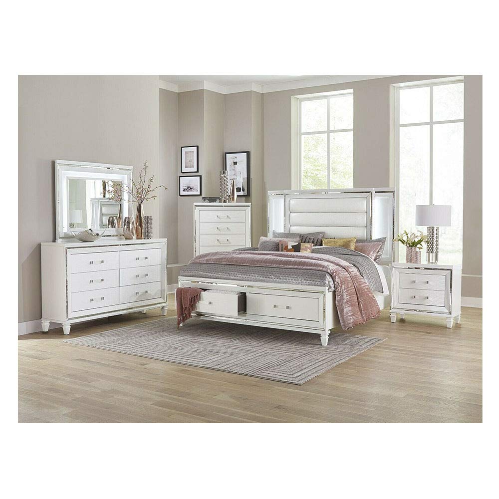White LED Mirrored Bedroom Set - Queen Size Storage Bed & Dresser for Modern Homes