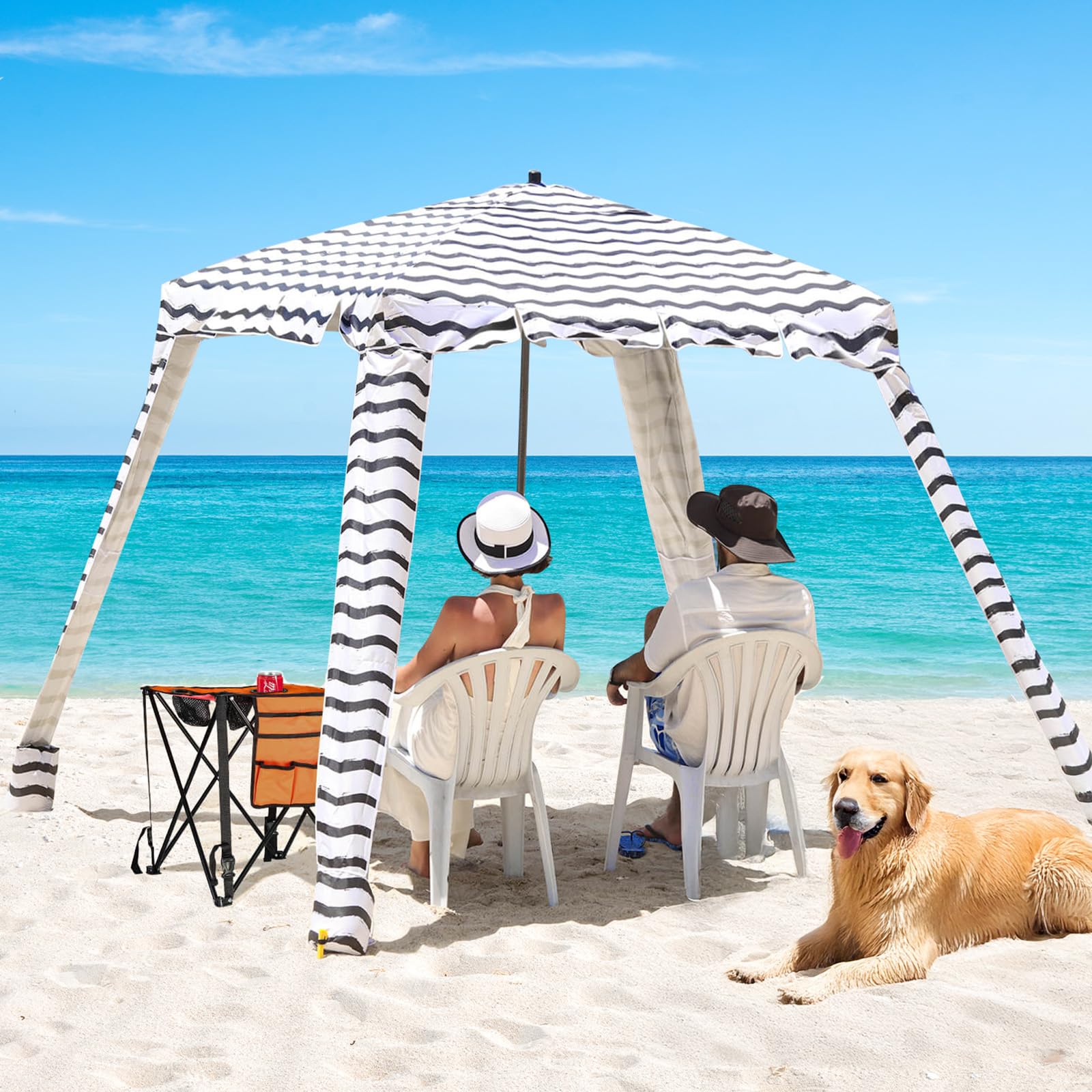 UPF 100+ Beach Cabana Tent with Foldable Camping Table - 6'x6' Portable Sun Shelter, Waterproof UV Protection Canopy with Attachable Walls for Family Beach Outings, Camping & Outdoor Events (Black Wave)
