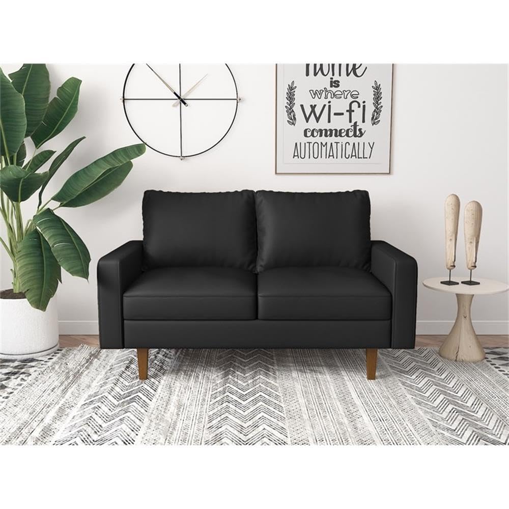 Aneley Black Faux Leather Loveseat for Living Room - Modern Sofa for Small Spaces, Home Decor, Apartment, and Office Use
