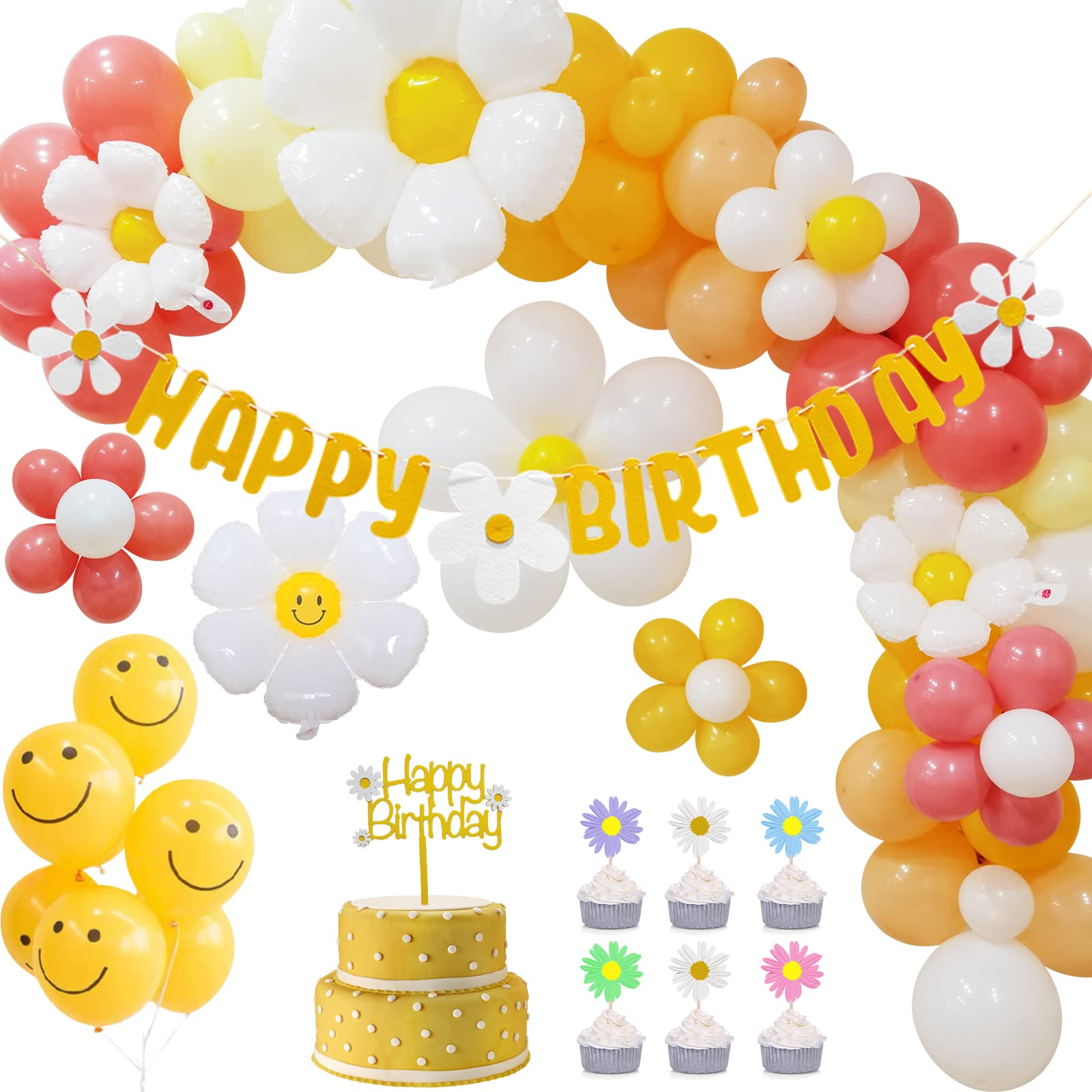 Boho Daisy Party Decorations Set - Happy Birthday Banner, Flower Balloon Garland Arch for Retro Hippie Birthday Party | Groovy Party Supplies for Baby Shower, Bridal Shower & Boho Themed Events