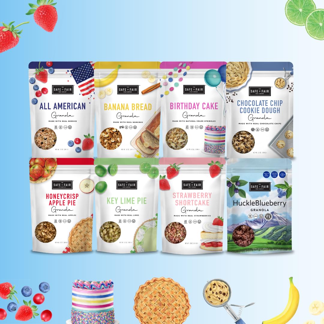 Safe + Fair Birthday Cake Granola – Gluten-Free, Vegan & Plant-Based Snack with Natural Sprinkles – 0g Trans Fat, Non-GMO, Kosher, Allergen-Free, Whole Grain - 12oz (6 Pack) – Perfect for Breakfast, Office Snacks & Healthy Party Treats