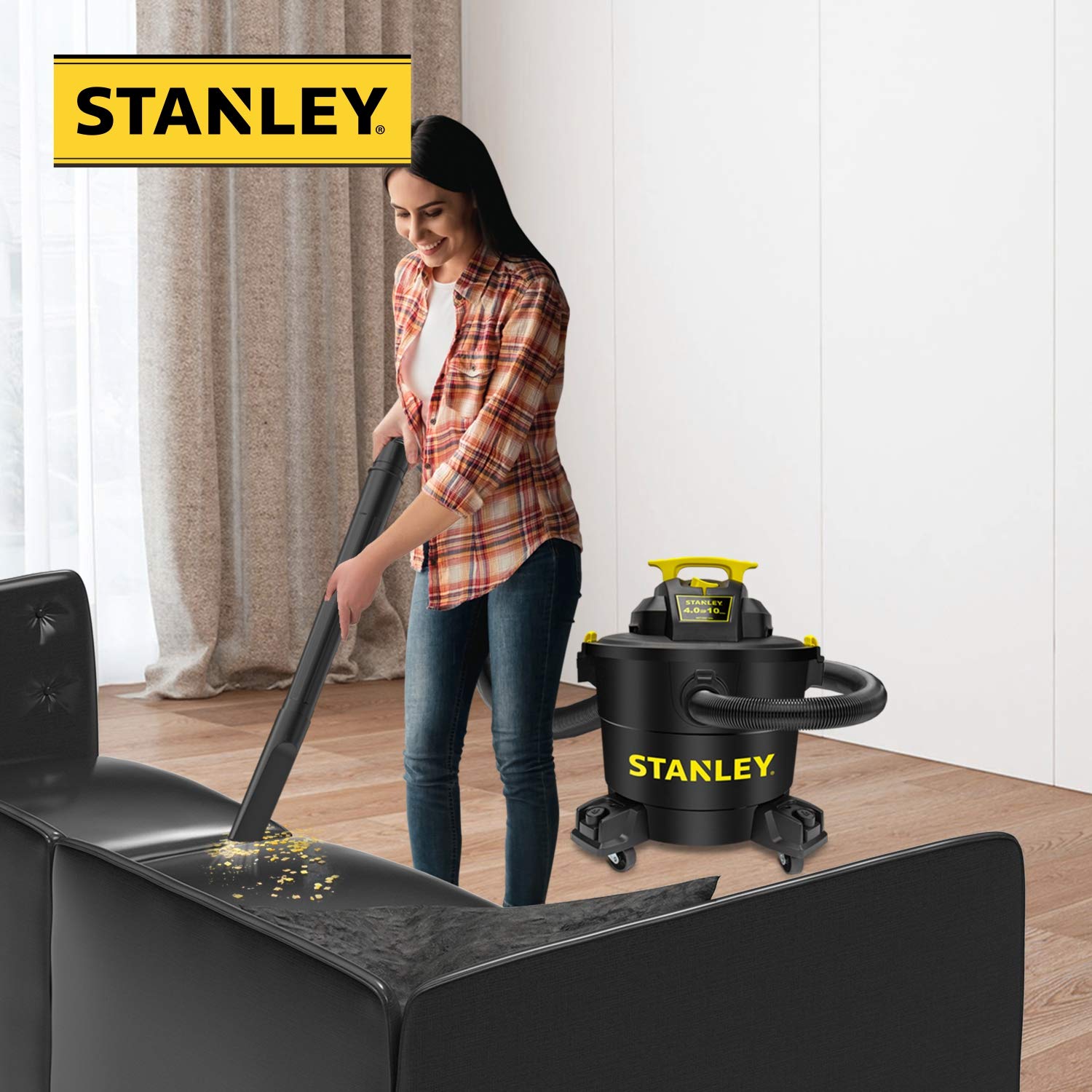 Stanley 10 Gallon 4HP Wet/Dry Shop Vacuum SL18191P - Powerful 16ft Reach Vacuum Cleaner with Attachments for Home, Garage & Laundry Room - Large Capacity High Suction Vac for Cleaning Floors, Carpets, Workshops & Auto Detailing