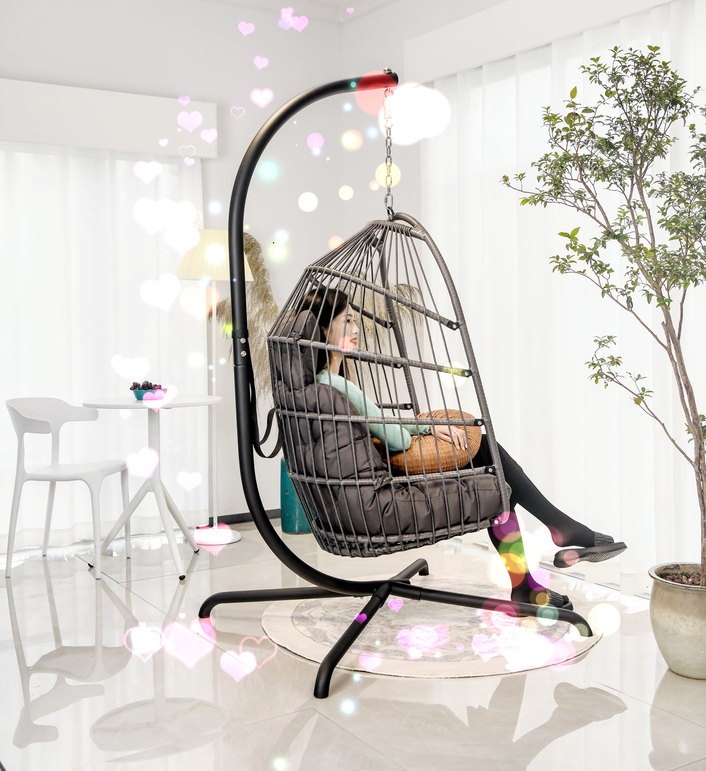 Hanging Egg Chair Stand Only - Heavy Duty 440lbs Capacity C-Stand with Chains & Hooks for Patio, Garden, Balcony - Includes Snap Hook, Pin Plug & Spring - Perfect for Outdoor Relaxation & Swing Chair Setup (Black)
