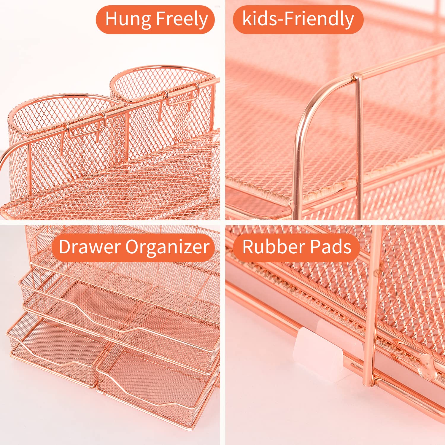 3 Tier Drawer Organizer with 2 Pen Holders - Rose Gold Office Desk Organizer for Home & Workspace | Perfect for Organizing Stationery, Makeup, Jewelry & Office Supplies