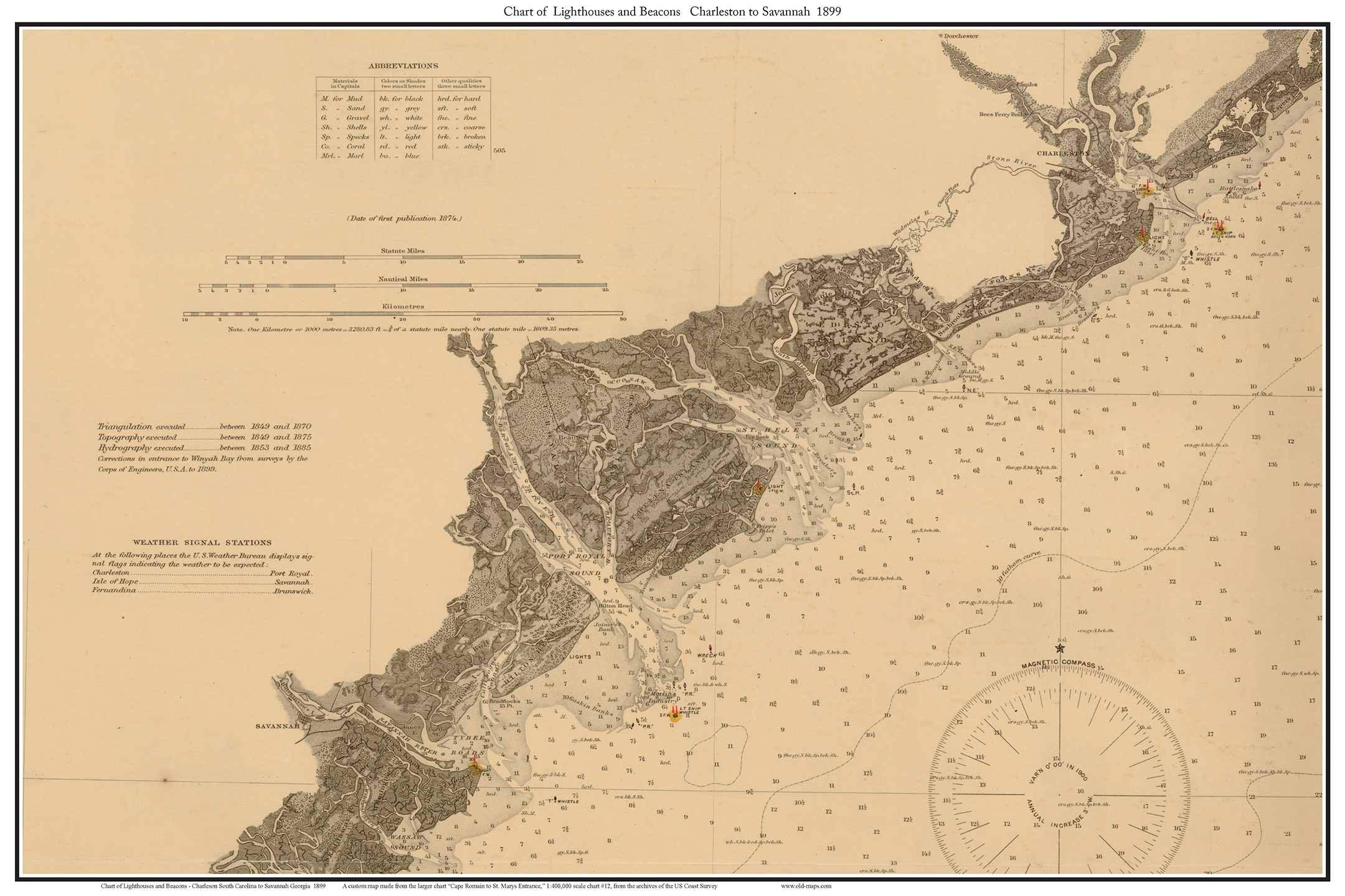 Vintage 1899 Charleston to Savannah Nautical Chart - Historic Lighthouses & Beacons - NOAA 400000 Scale Custom Reprint - Perfect for Coastal Decor, Maritime History Enthusiasts, and Nautical Gift Ideas