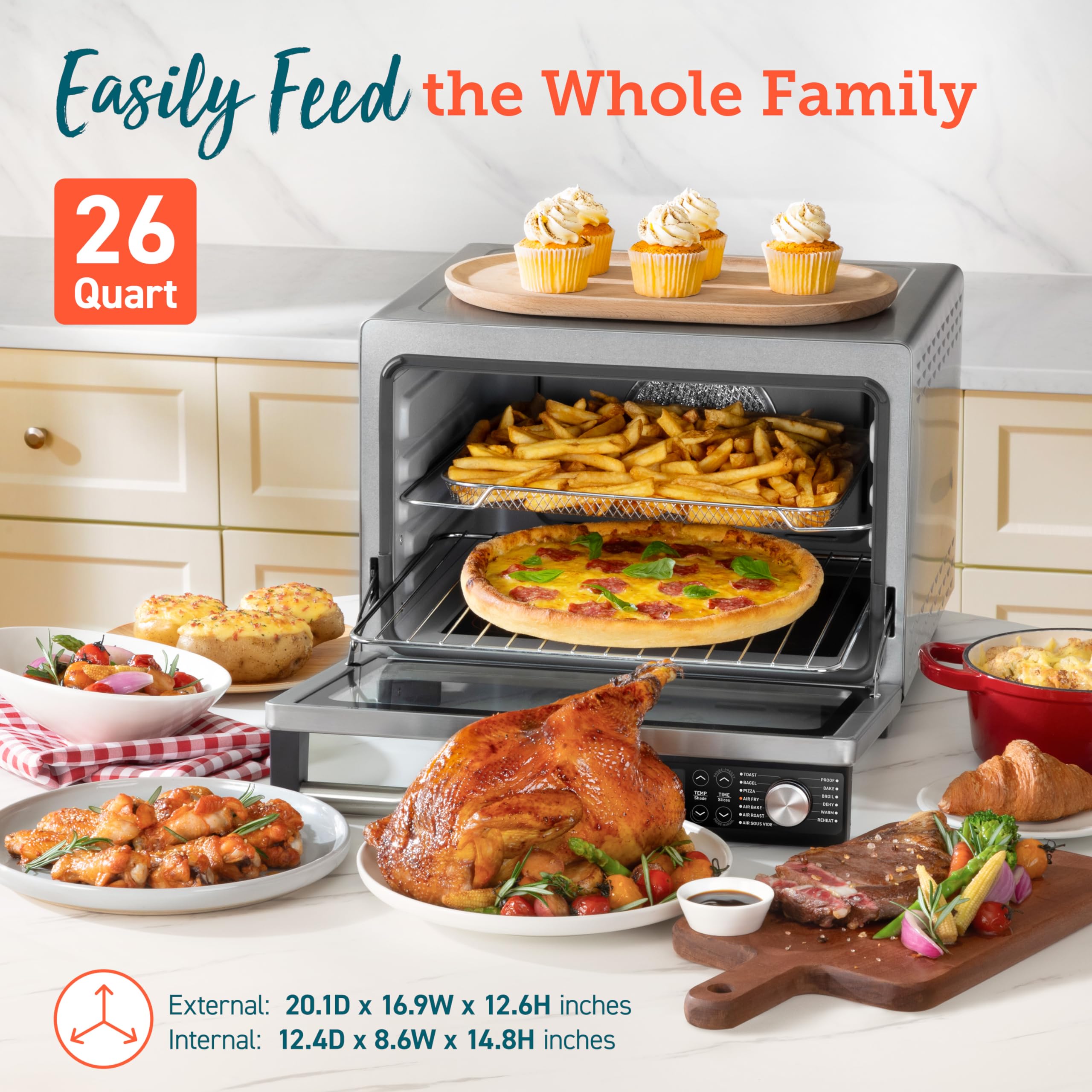 COSORI 13-in-1 Air Fryer Toaster Oven Combo with Ceramic Coating | 26QT Large Capacity | Flat-Sealed Heating Elements for Easy Cleaning | Includes 7 Accessories & Recipe Book | Stainless Steel Silver | Perfect for Baking, Roasting & Air Frying | Ideal for Family Kitchens & Small Spaces