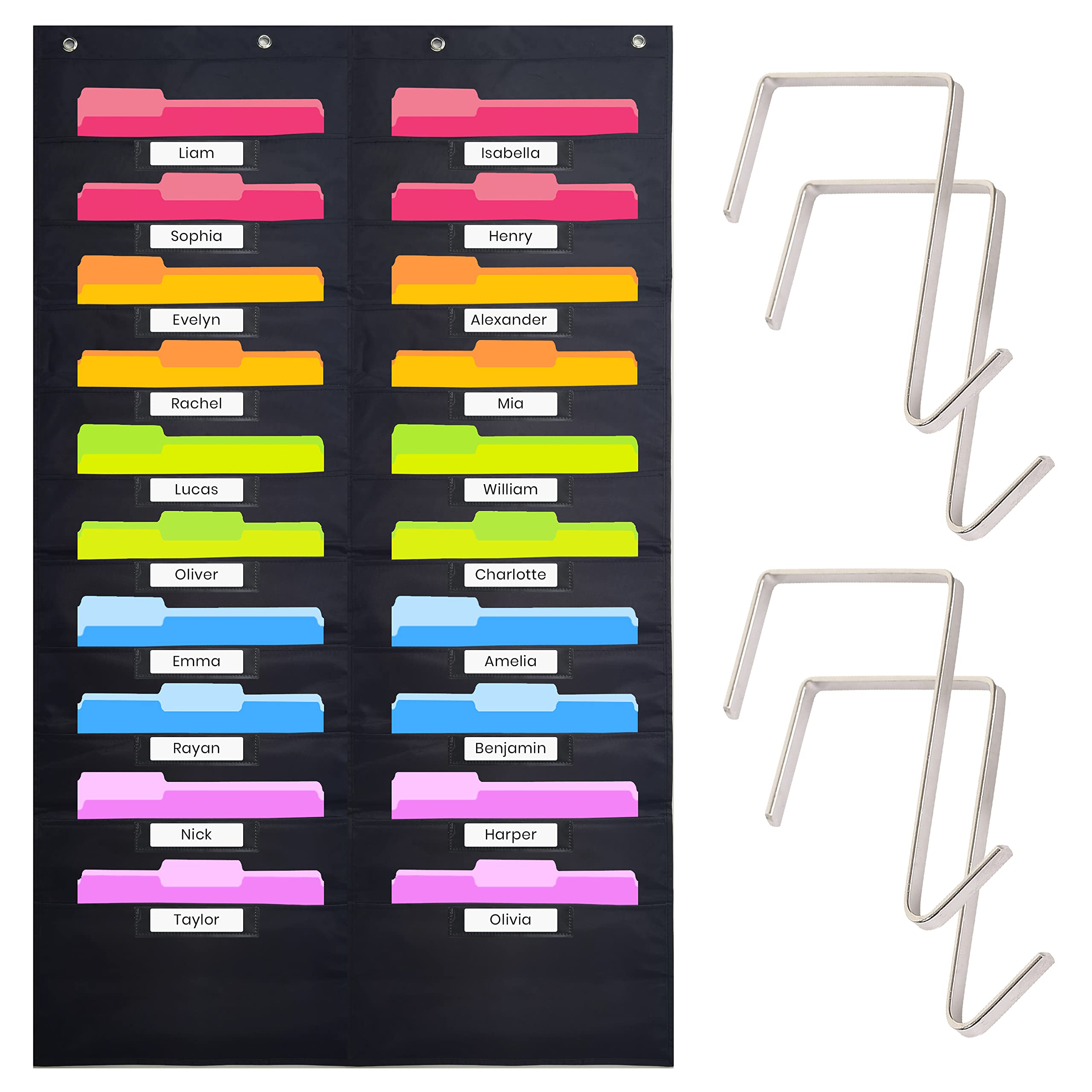 Heavy Duty 20-Pocket Storage Organizer with 4 Over-Door Hangers - Hanging Wall File Folder Chart for Classroom, School Mailbox & Home Office Papers - Black - Perfect for Teachers, Students & Remote Work Organization