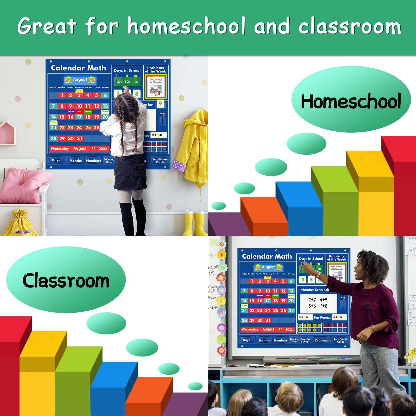 KIGOAL Daily Math Calendar Pocket Chart - Educational Classroom Teaching Tool for Elementary & Preschool Number Activities | Perfect for Morning Routines, Counting Practice & Interactive Learning