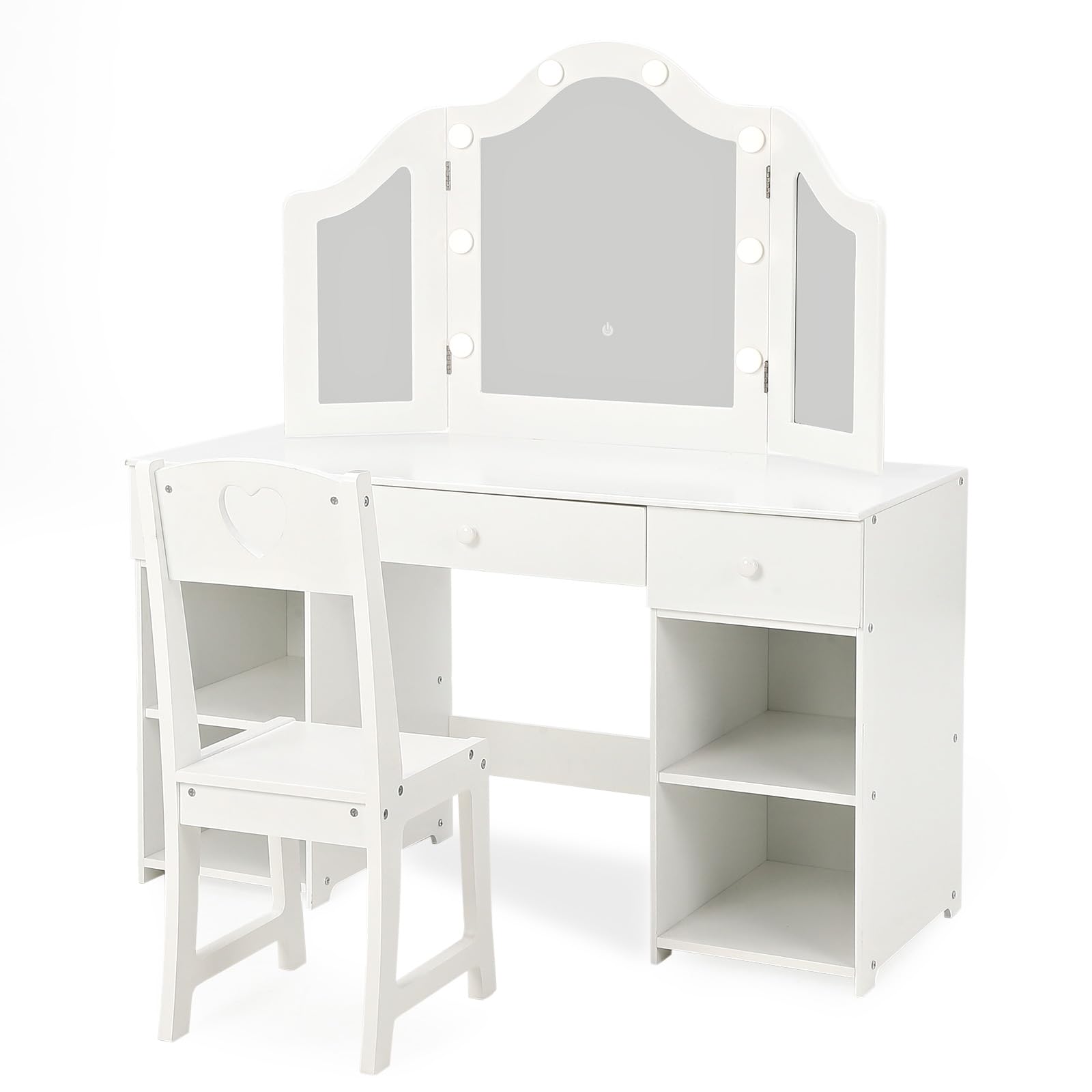 **Princess Makeup Vanity Set with Lights - Kids Vanity Desk with Storage, Touch Light & Detachable Mirror, 2-in-1 Wooden Vanity Table & Chair for Girls - Perfect for Bedroom, Playroom & Birthday Gifts**