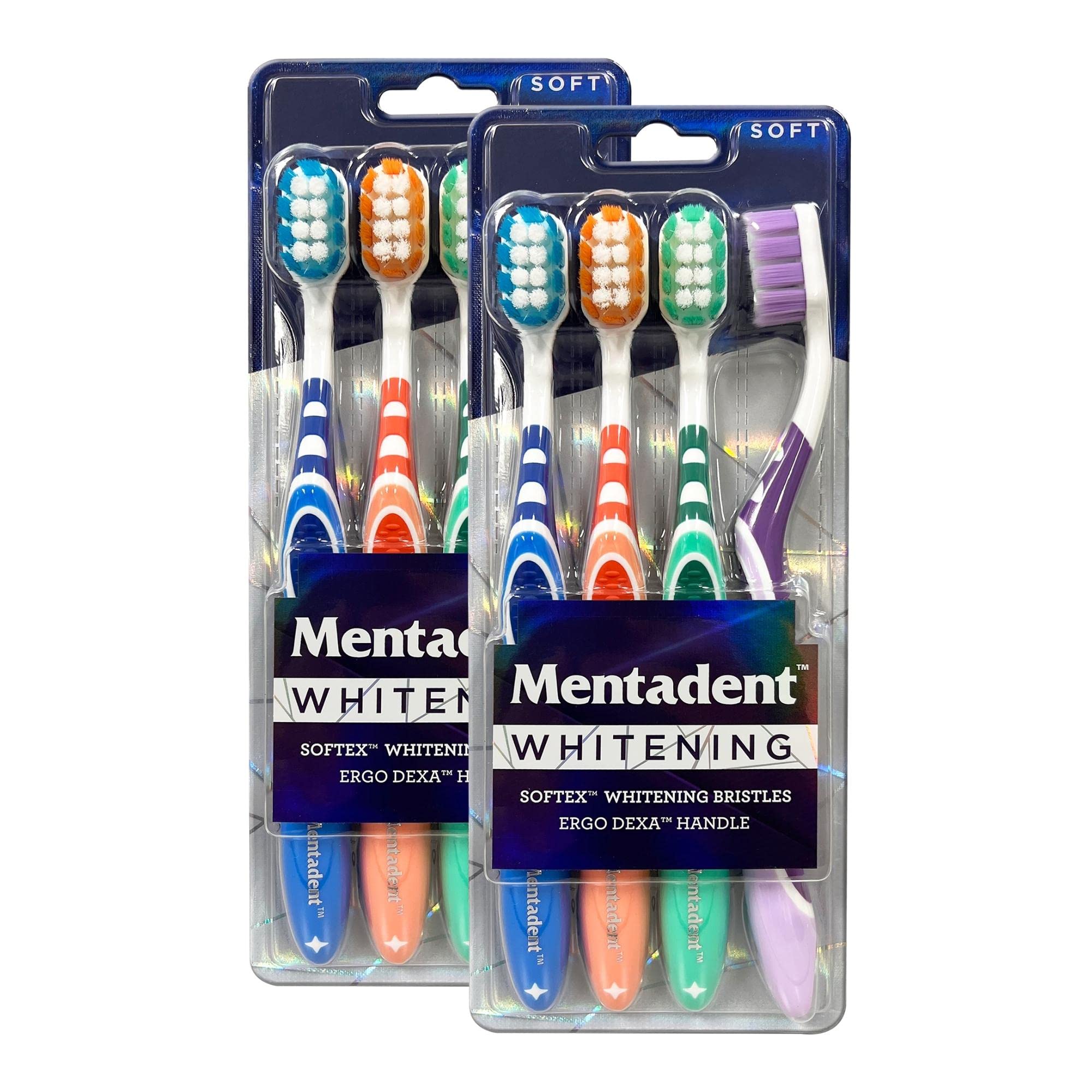 Mentadent Soft Bristle Toothbrush 8-Pack - Gentle Manual Toothbrushes for Adults & Kids with Tongue Cleaner - Travel Friendly Deep Cleaning for Sensitive Gums & Teeth Whitening (4 Colors) - Perfect for Home, Travel & Daily Oral Care