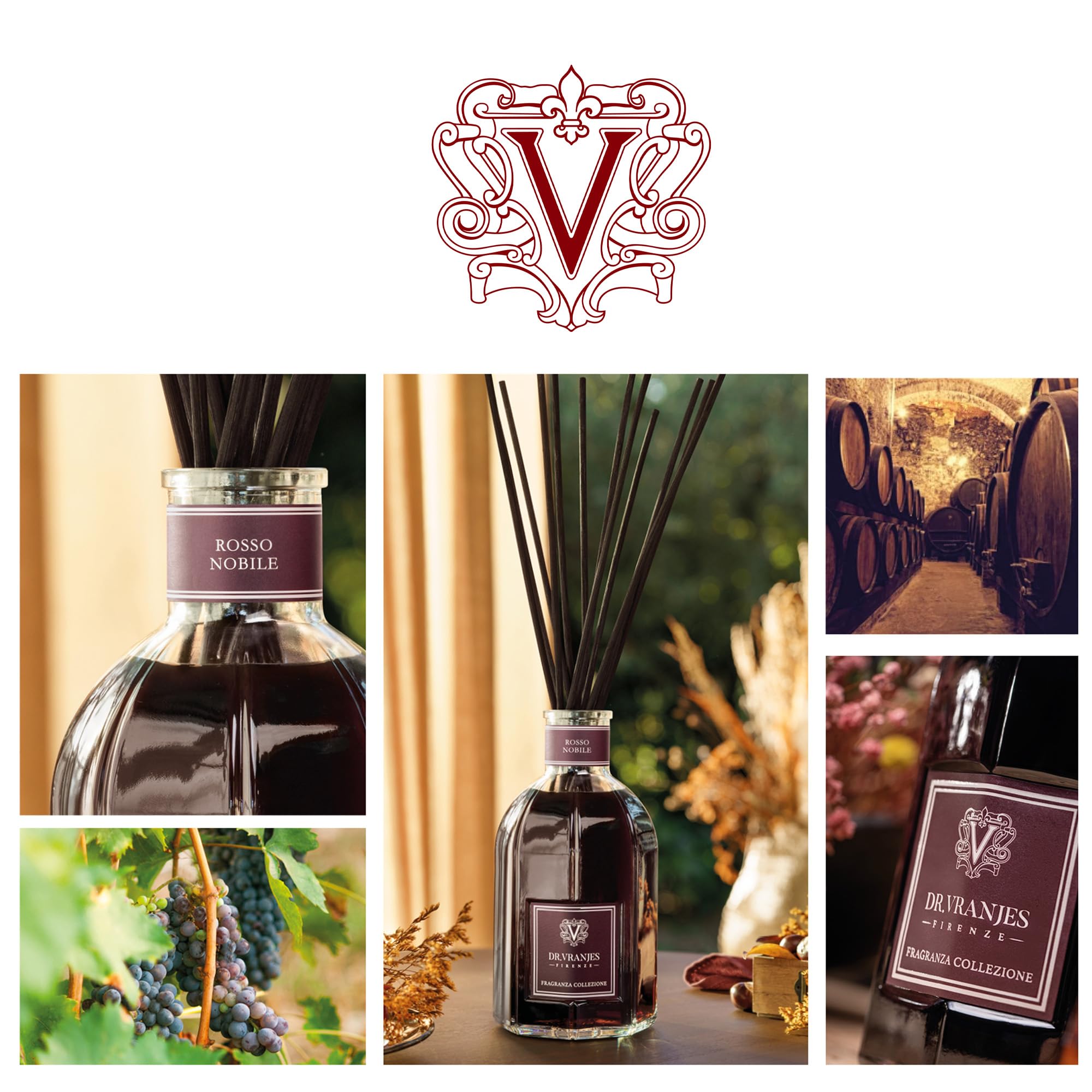 Dr. Vranjes Rosso Nobile 1250ml Luxury Reed Diffuser Set with 3 Black Rattan Sticks - Italian Made Home Fragrance with Fruity Notes of Orange, Strawberry & Red Berries - Perfect for Living Room, Bedroom & Office Decor