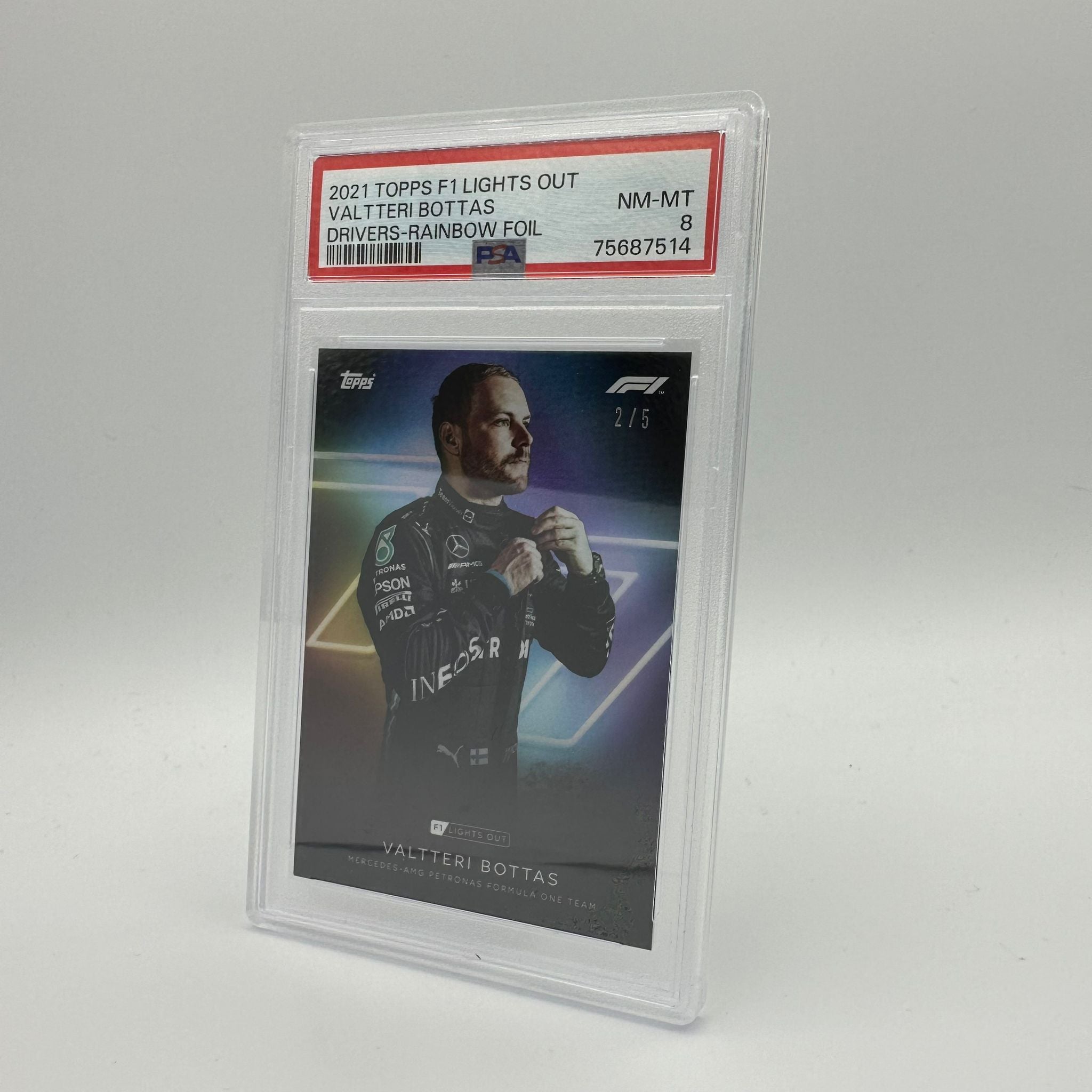 PSA 8 Graded 2/5 Valtteri Bottas Rainbow Foil F1 Racing Card - Collectible Memorabilia for Formula 1 Fans & Sports Card Enthusiasts