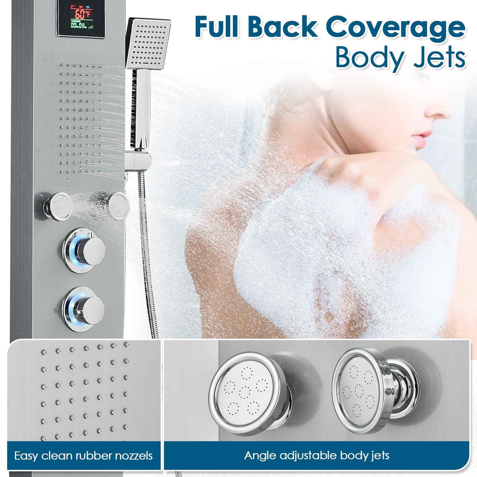 ROVOGO Hydroelectric LED Shower Panel System - No Battery Needed, Stainless Steel Brushed with MIST & RAIN Shower, Body Jets, Handheld Sprayer, Tub Spout & Temperature Display | Perfect for Modern Bathroom, Spa-Like Shower Experience, Luxury Home Upgrade