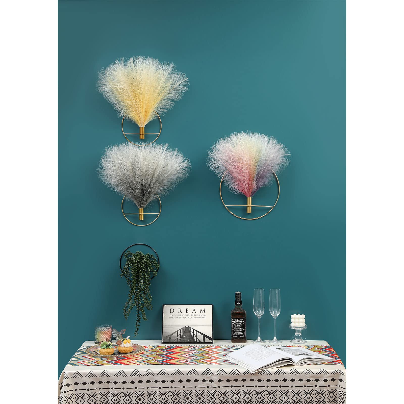 Boho Wall Decor Set of 2 - Gold Metal Wall Art with Artificial Pampas Grass for Living Room, Bedroom, Bathroom & Dining Room - Elegant Hanging Home Decor for Boho Chic, Farmhouse & Modern Interior Design