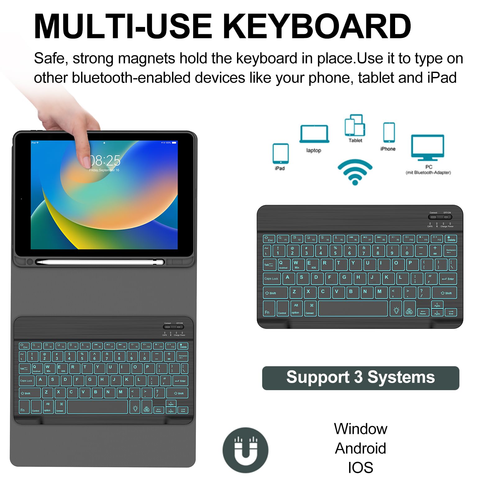 BORIYUAN iPad 10.2 inch Case with Bluetooth Keyboard - Detachable Backlit Keyboard (7 Colors), Slim Folio Smart Cover with Apple Pencil Holder for iPad 9th/8th/7th Gen, iPad Pro 10.5