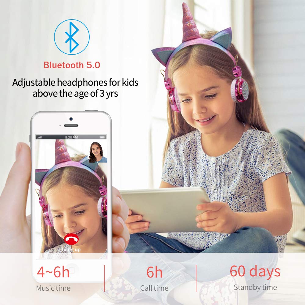 Wireless Unicorn Headphones for Kids - Bluetooth Headset with Microphone, Adjustable Headband & Over-Ear Design - Perfect for Online Learning, School, Kindle, Tablet & PC Use - Cute Girls Headphones for Studying, Gaming & Travel