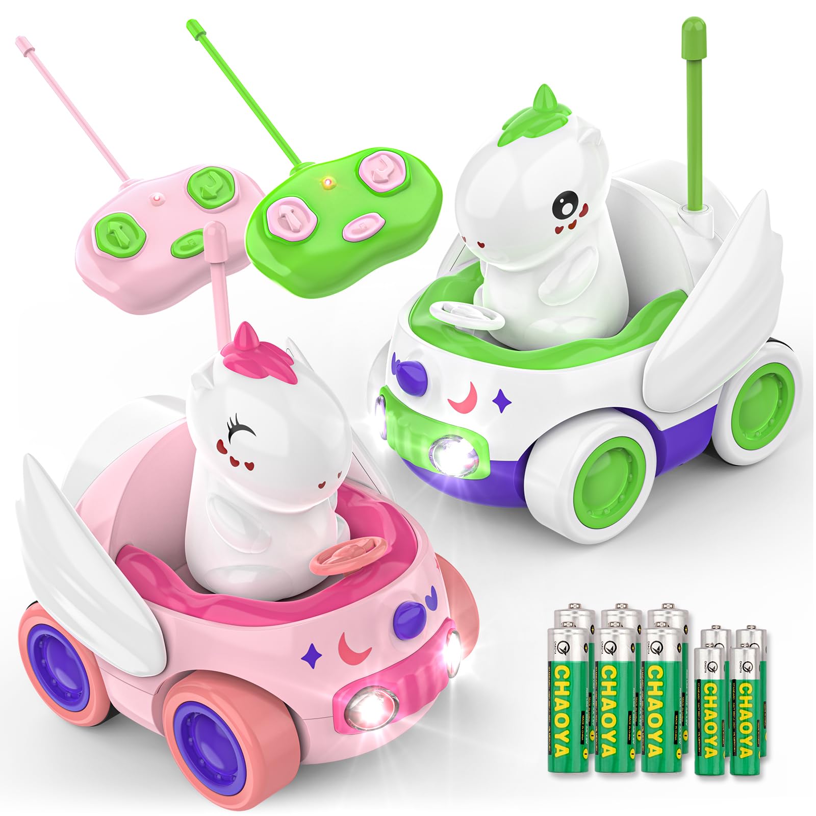 2 Pack Unicorn Remote Control Car for Toddlers - LED Lights & Music, Kids Toys for Boys & Girls Ages 2-5, Best Christmas Birthday Gift for Baby - Indoor Outdoor Play, Party Favor, Preschool Learning Activity
