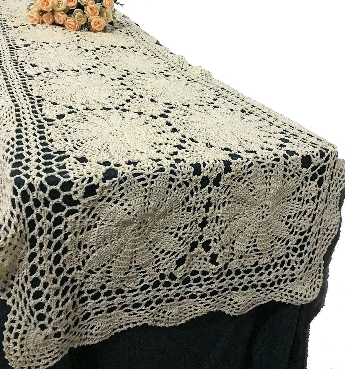 Handmade Beige Crochet Cotton Table Runner - 20x51 Inches Lace Doily Rectangular Dresser Scarf for Dining Table, Coffee Table, and Home Decor