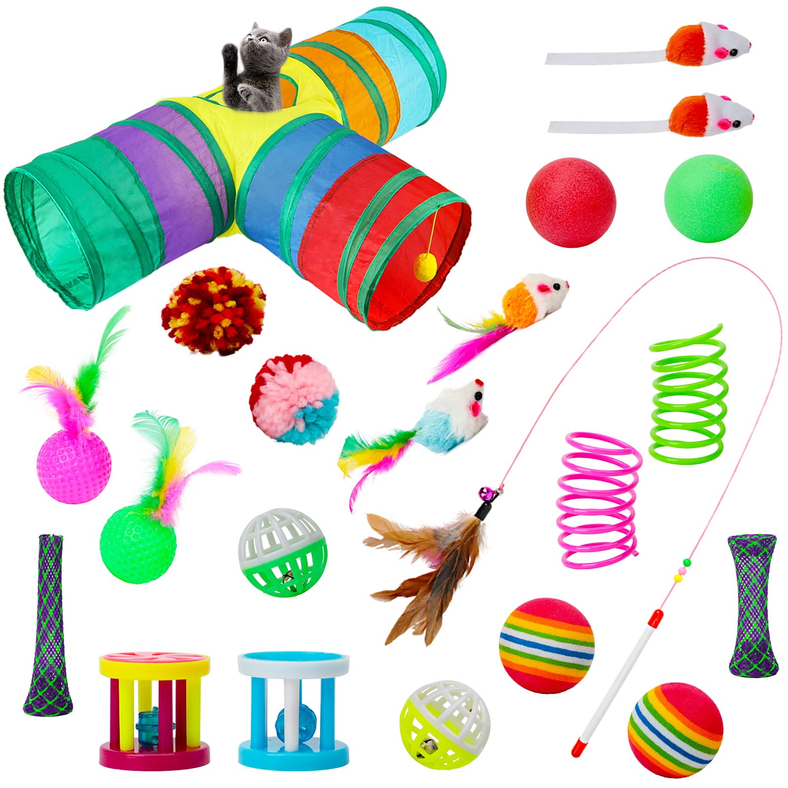 BWOGUE 22PCS Cat Toys Set - Interactive Kitten Toys with Collapsible 3-Way Tunnel, Feather Wands, Fluffy Mice & Crinkle Balls - Fun Indoor Play for Cats, Kittens & Small Pets (Great for Exercise & Bonding)