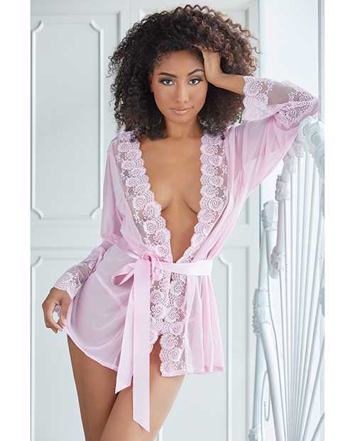 Allure Nina Sexy Lace & Mesh Robe with G-String Panty - Pink Lingerie for Women Size L/XL - Perfect for Boudoir Photography, Bridal Shower & Romantic Nights