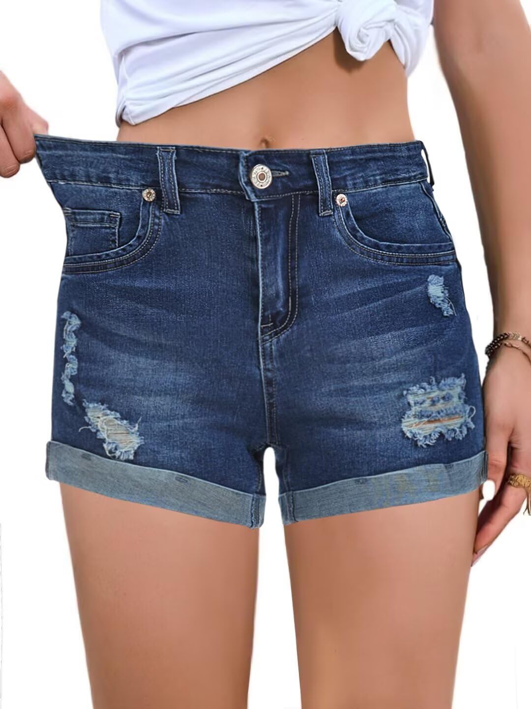 FEKOAFE Women's High Waist Ripped Denim Shorts - Stretchy Comfort Casual Jean Shorts for Summer 2025 | Perfect for Beach, Travel & Everyday Wear