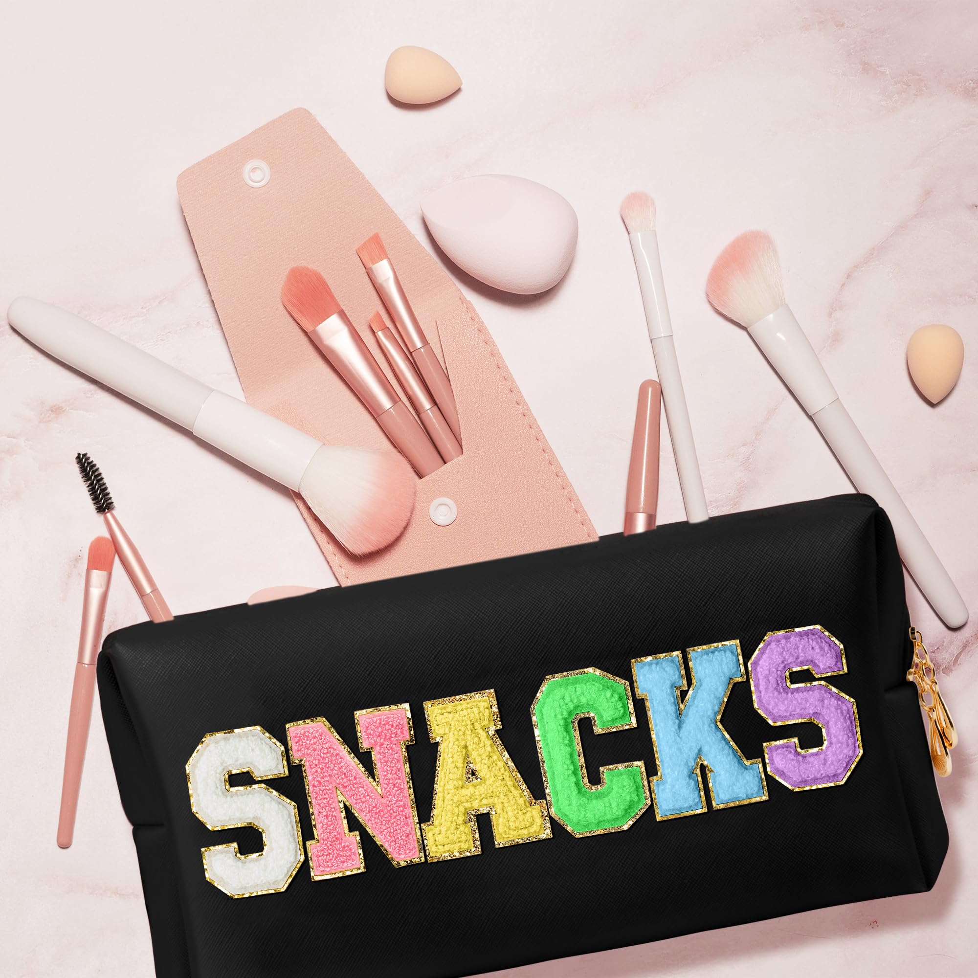 CY2SIDE SNACKS Letter Makeup Bag - Waterproof Black PU Leather Cosmetic Pouch with Colorful Chenille Letter Patch, Portable Travel Organizer for Women & Girls | Perfect for Travel, Gym, and Christmas Gifts