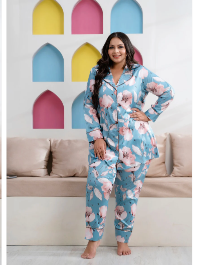 Elegant Blue & White Satin Nightwear Set - Soft & Comfortable Sleepwear for Women - Perfect for Bedtime, Lounging & Relaxation