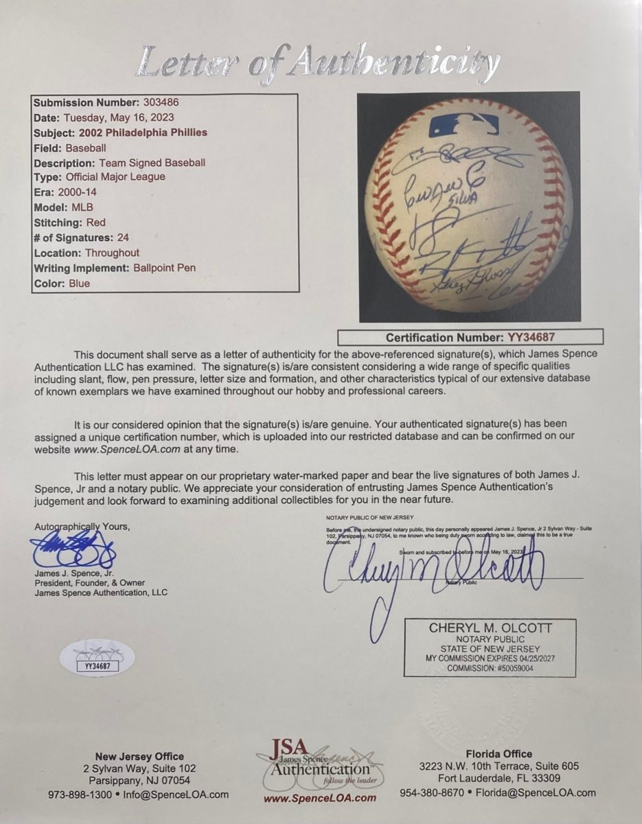 2002 Philadelphia Phillies Team Signed Official MLB Baseball - 24 Signatures Including Jimmy Rollins - JSA Certified LOA - Perfect for Collectors, Sports Memorabilia Displays & Phillies Fans Gifts