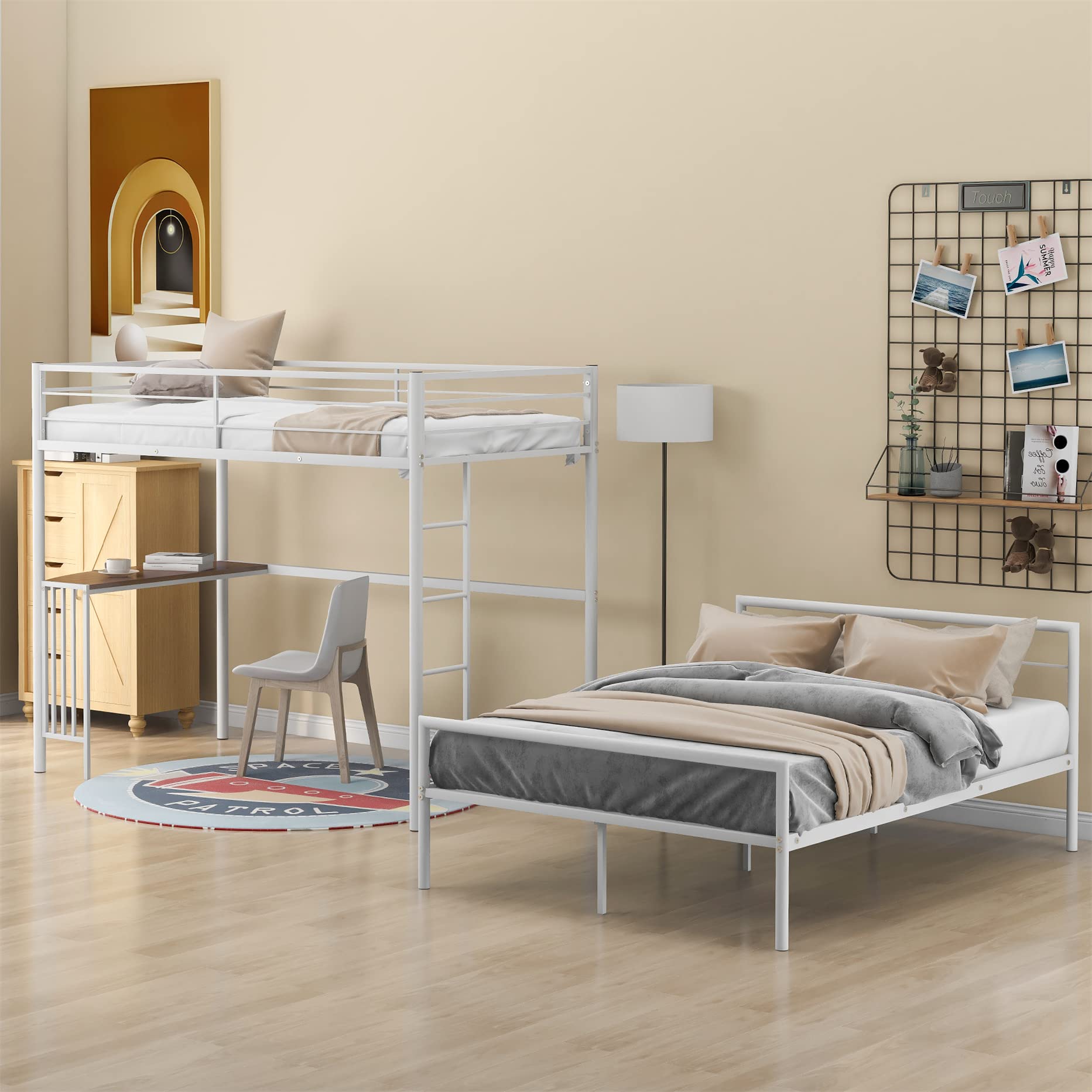 Harper & Bright Designs Twin Over Full Bunk Beds with Study Desk - Metal Bunk Bed Frame, Convertible to Loft Bed or Platform Bed - White Space-Saving Furniture for Kids, Teens & Small Rooms - Perfect for Bedrooms, Dorms & Shared Spaces
