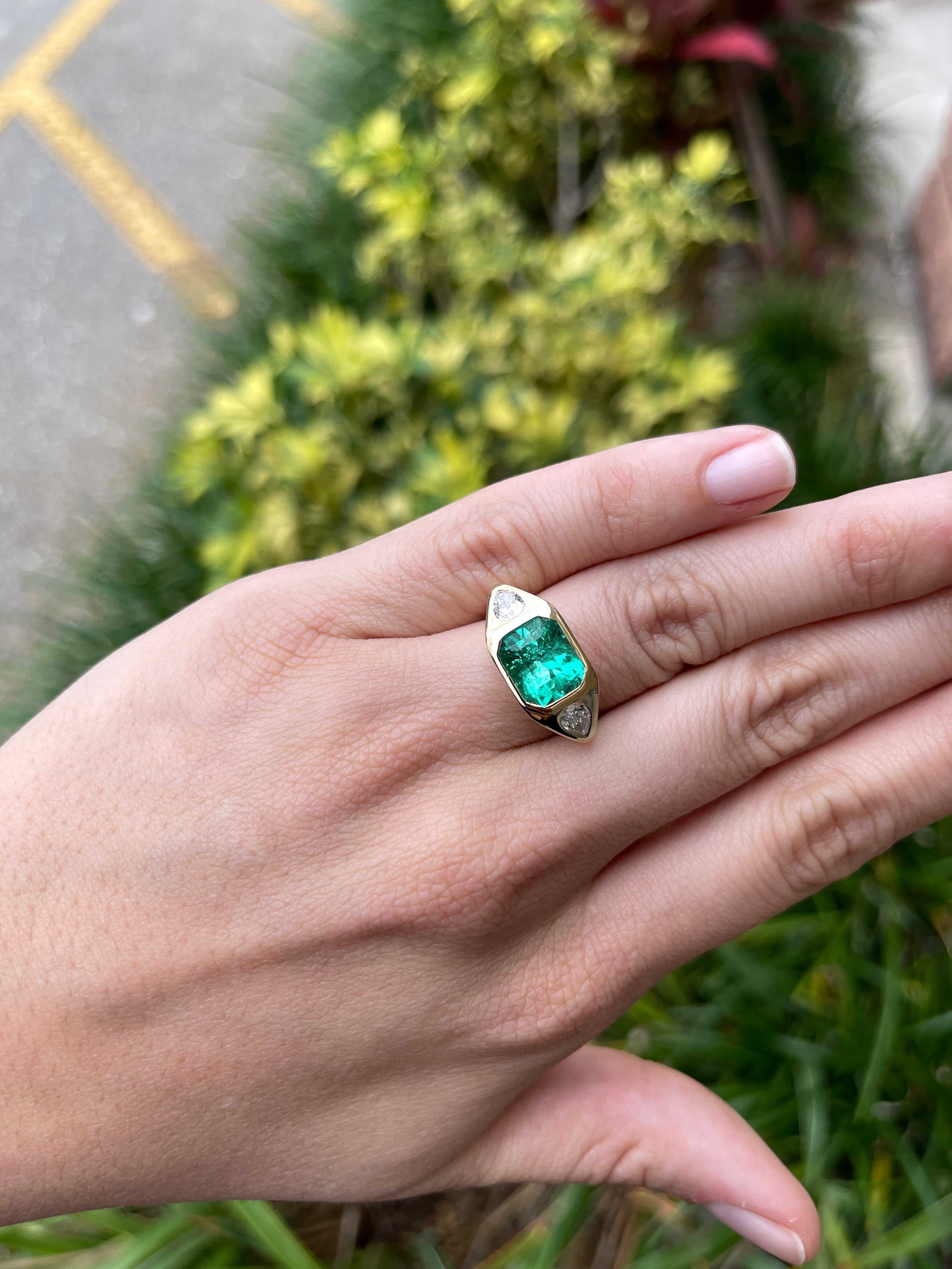 18K Gold Three Stone Emerald Cut Emerald & VVS Pear Cut Diamond Gypsy Ring - 4.62tcw AAA Quality for Engagement, Wedding & Anniversary Gifts